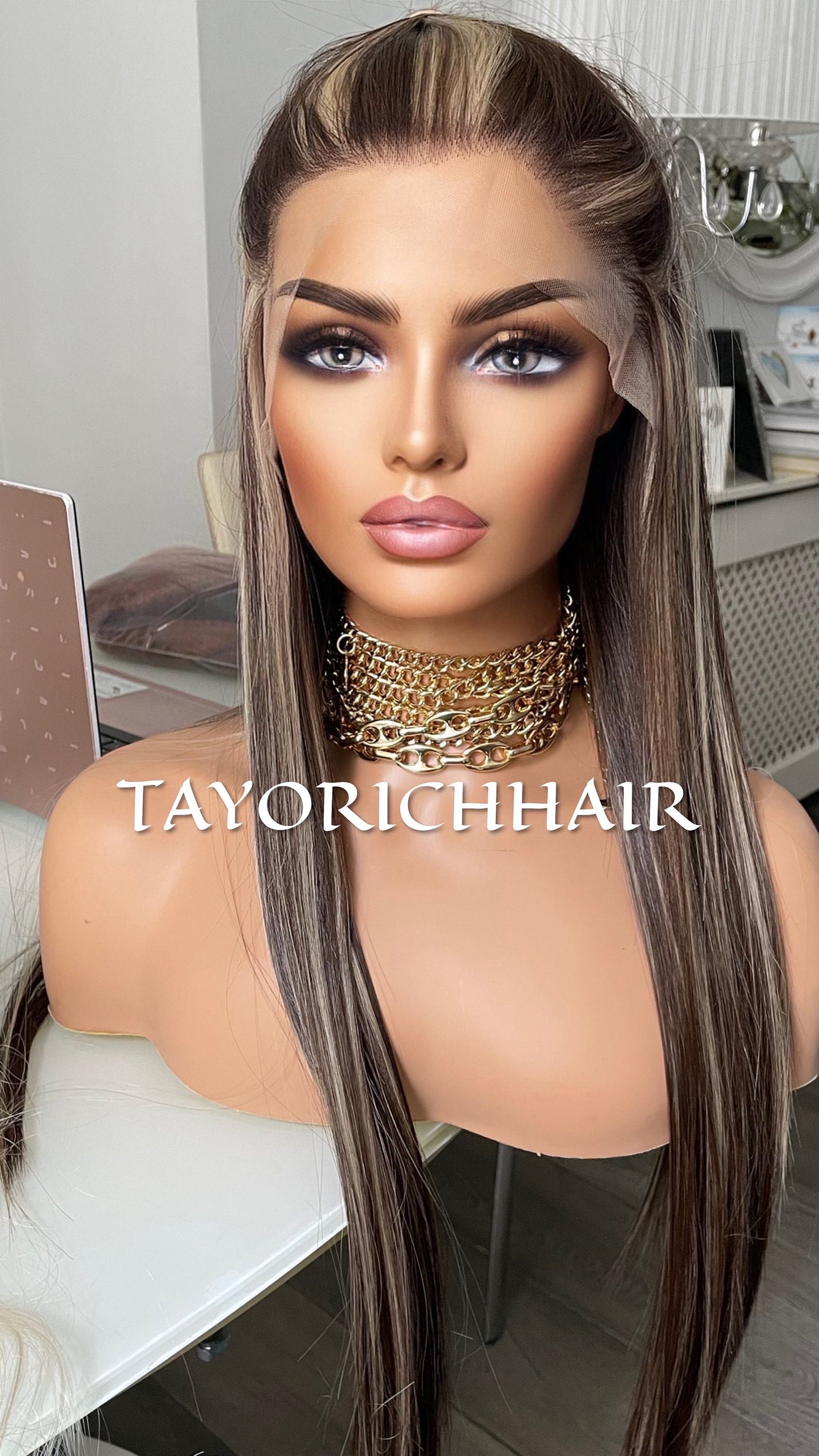 Dark Brown Straight Synthetic Lace Front Wig With Blonde Highlights