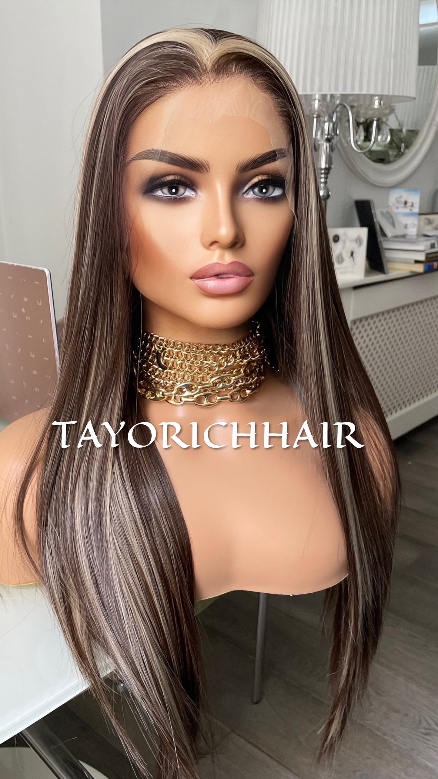 Dark Brown Straight Synthetic Lace Front Wig With Blonde Highlights