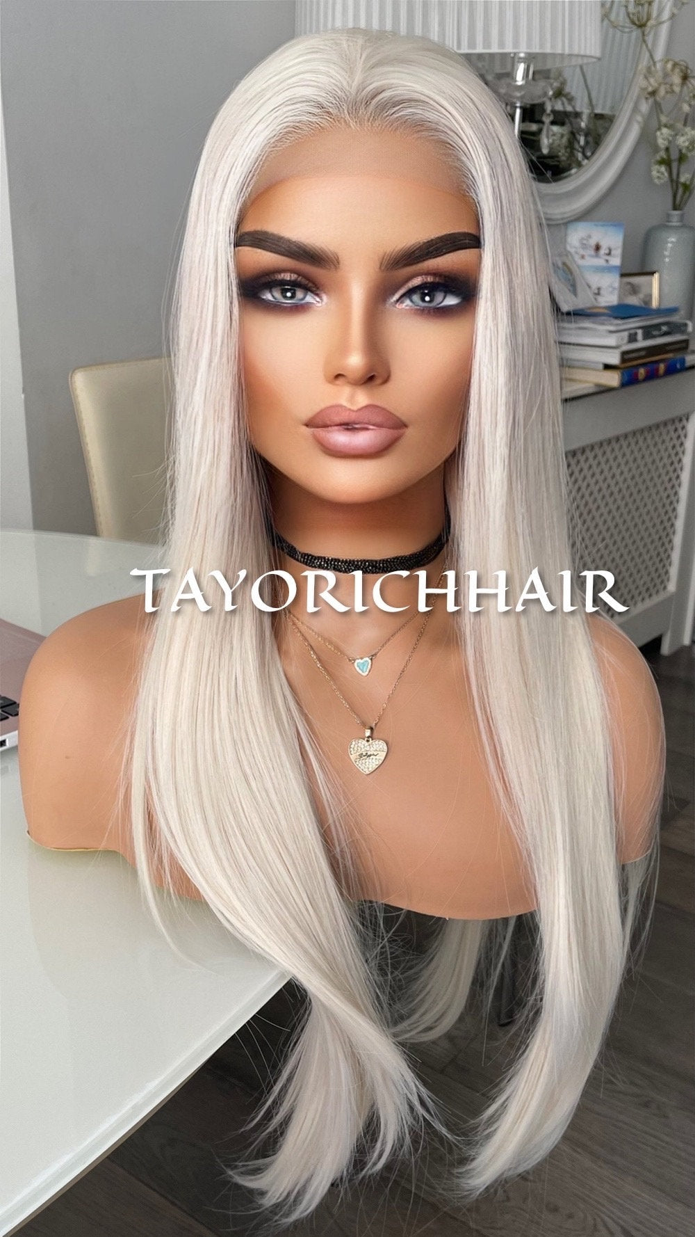 White Ice Blonde Lace Wig/Premium Heat Resistant Synthetic Wig/Middle Part Scandinavian Blonde Off White Natural Straight 24 Inches/Posh Wig