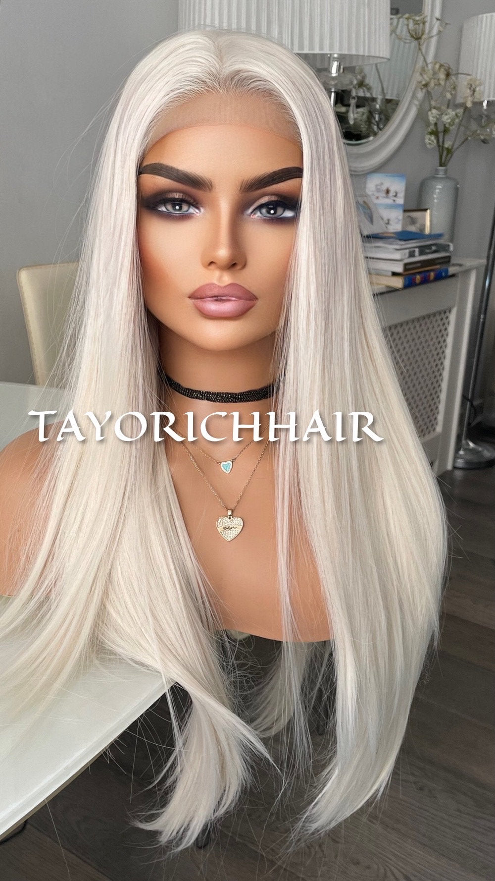 White Ice Blonde Lace Wig/Premium Heat Resistant Synthetic Wig/Middle Part Scandinavian Blonde Off White Natural Straight 24 Inches/Posh Wig