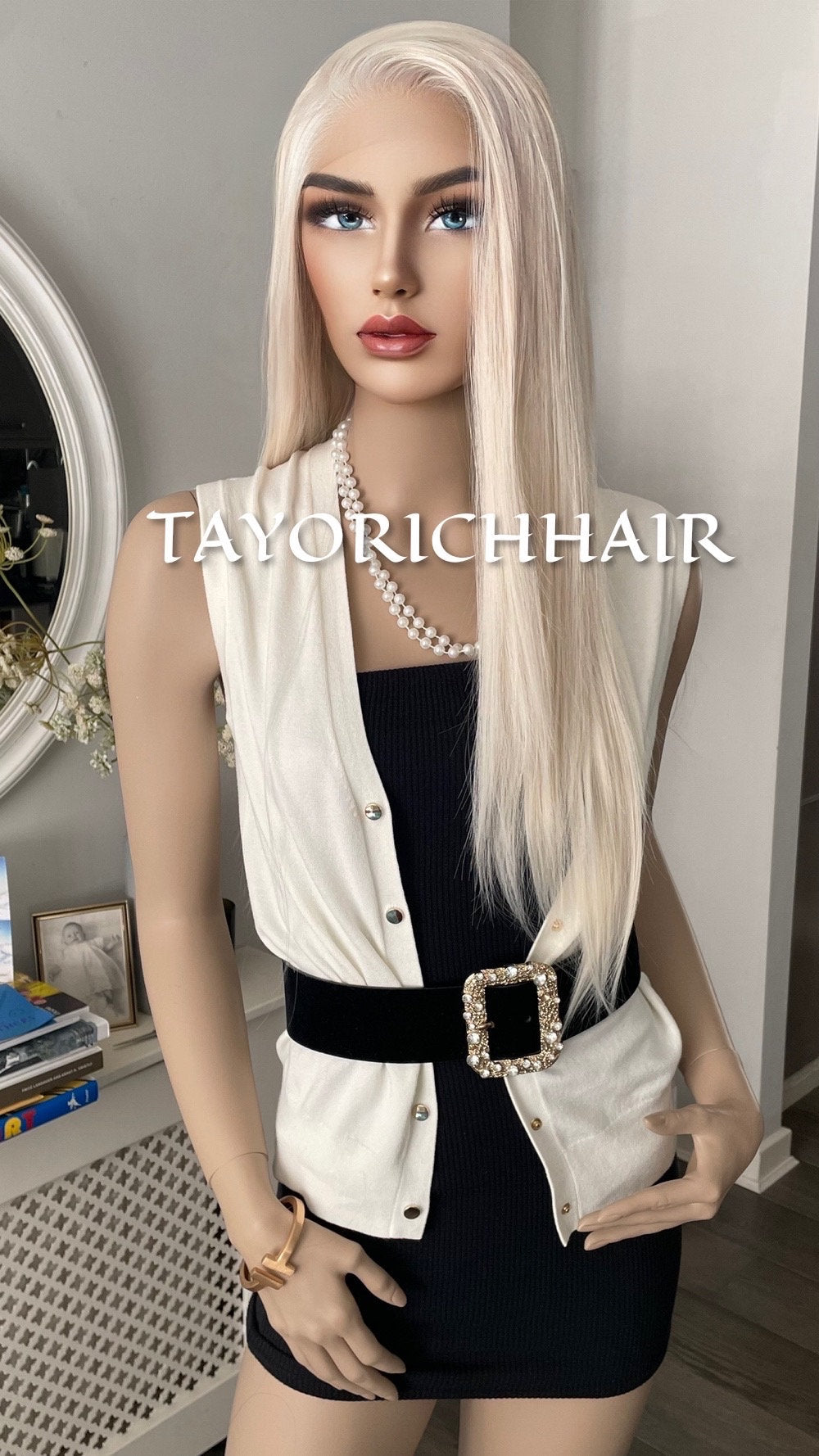 White Ice Blonde Lace Wig/Premium Heat Resistant Synthetic Wig/Middle Part Scandinavian Blonde Off White Natural Straight 24 Inches/Posh Wig