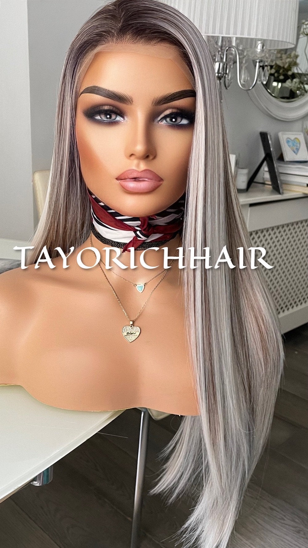 Balayage Ombré Lace Front Wig/ 13x3 Lace Front/ Ash White With Dark Brown Mixed/ Long Straigh Heat Safe Synthetic Wig/ Medium Large Cap Size