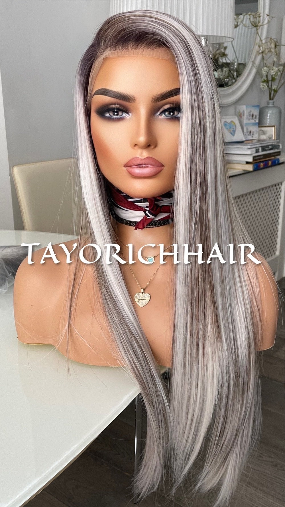 Balayage Ombré Lace Front Wig/ 13x3 Lace Front/ Ash White With Dark Brown Mixed/ Long Straigh Heat Safe Synthetic Wig/ Medium Large Cap Size