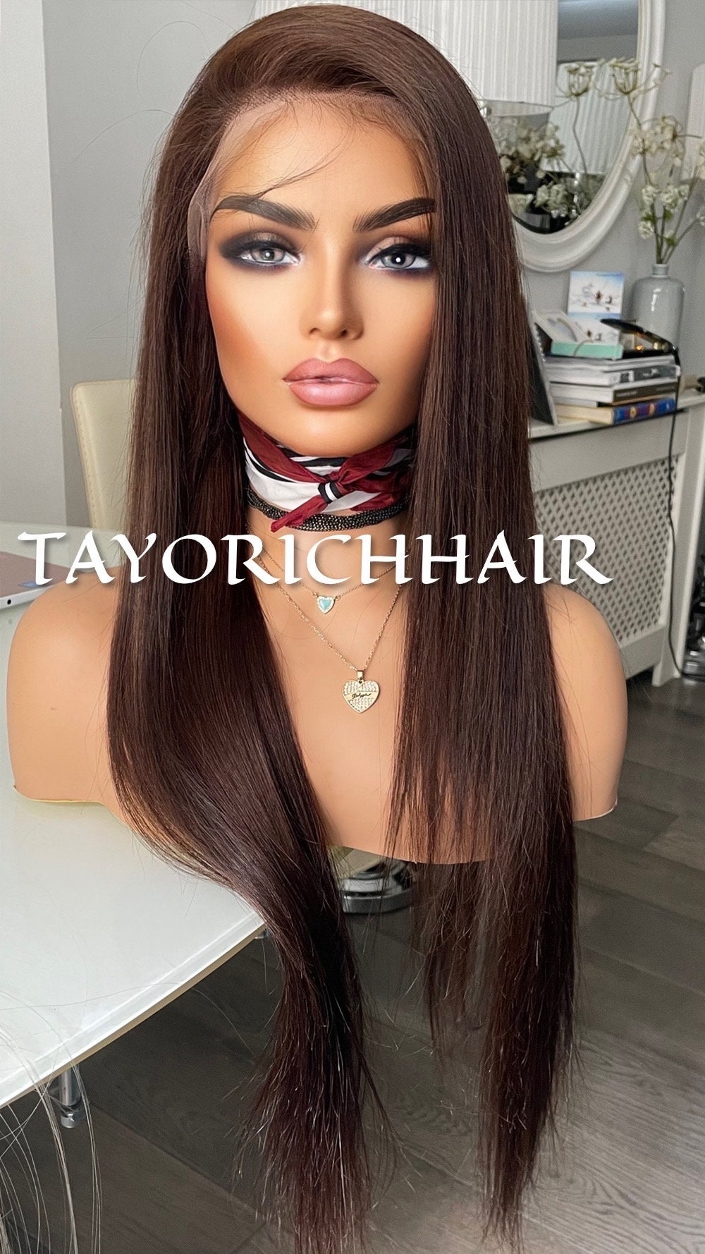Brunette Brown Long Straight Real Hair 13x4 Lace Front Wig/Natural Straight Texture 24 Inches Small/Medium Cap Dark Brown Hair Lace Wig