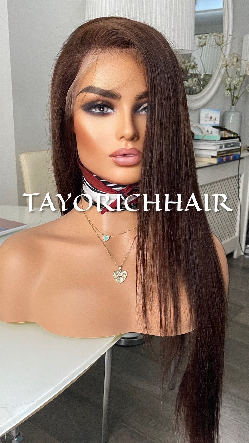 Brunette Brown Long Straight Real Hair 13x4 Lace Front Wig/Natural Straight Texture 24 Inches Small/Medium Cap Dark Brown Hair Lace Wig