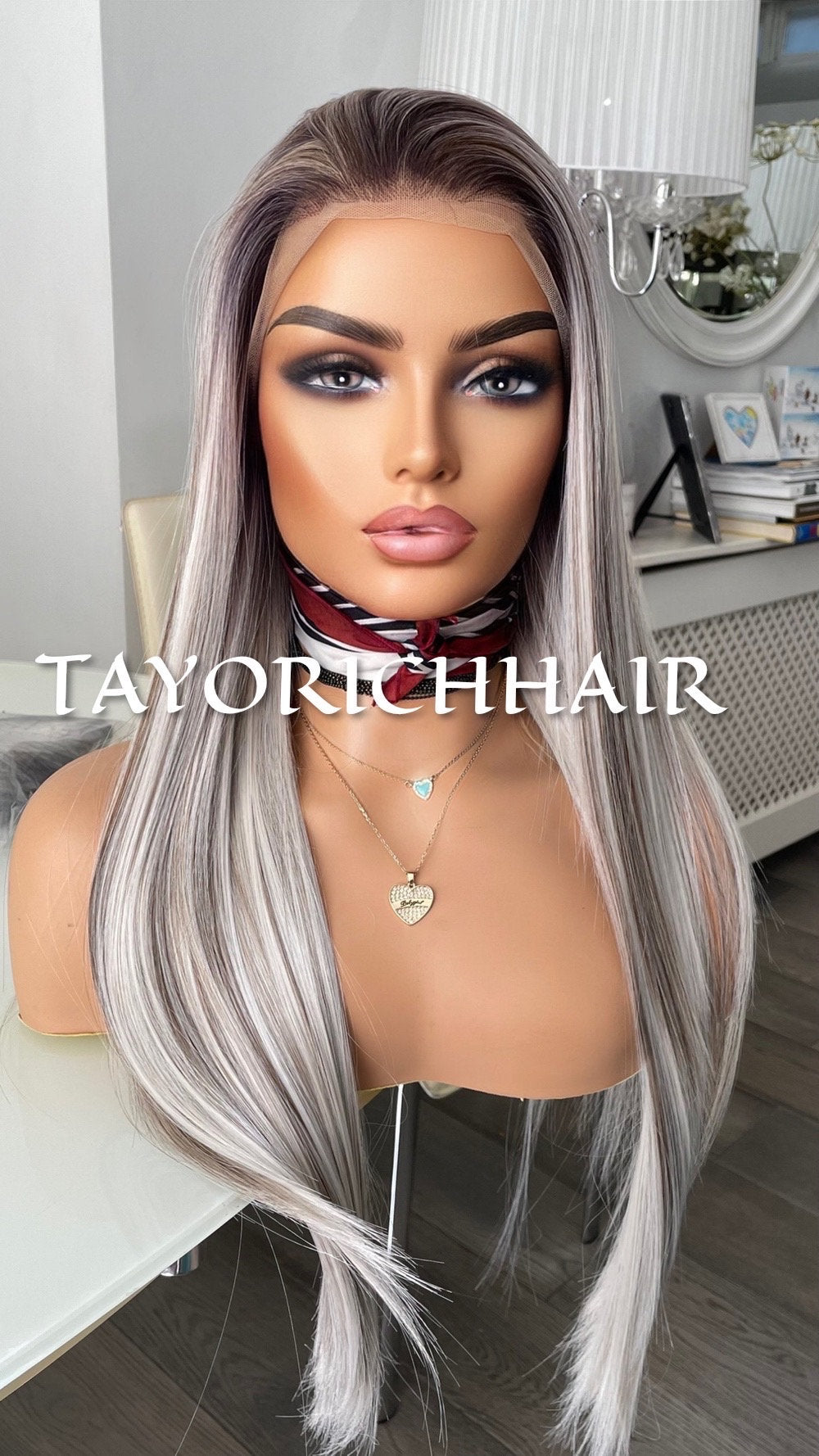 Balayage Ombré Lace Front Wig/ 13x3 Lace Front/ Ash White With Dark Brown Mixed/ Long Straigh Heat Safe Synthetic Wig/ Medium Large Cap Size