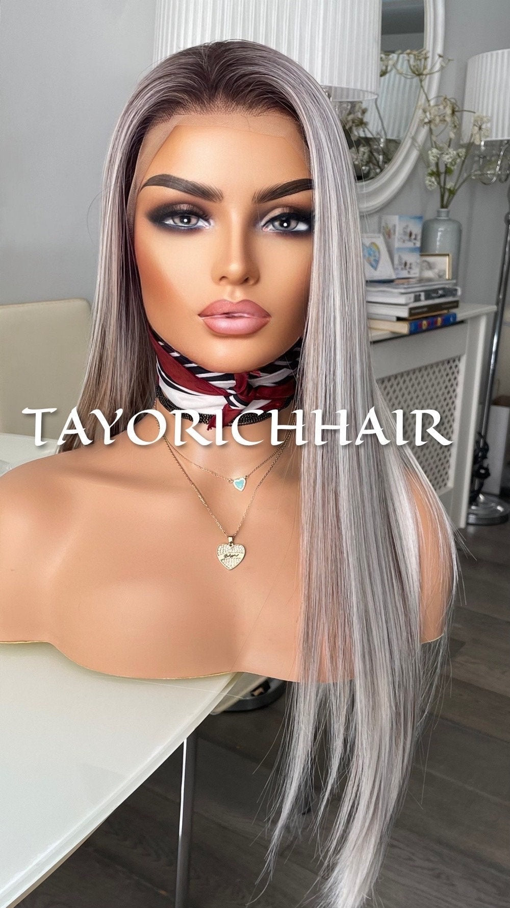 Balayage Ombré Lace Front Wig/ 13x3 Lace Front/ Ash White With Dark Brown Mixed/ Long Straigh Heat Safe Synthetic Wig/ Medium Large Cap Size