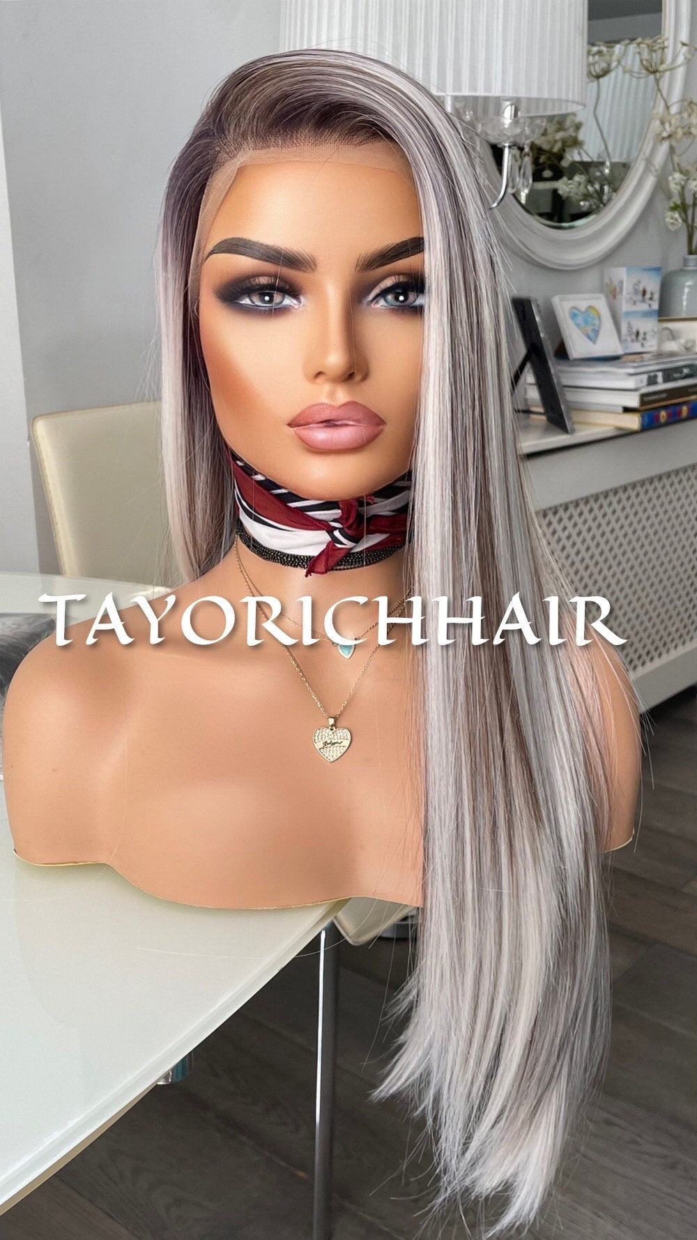 Balayage Ombré Lace Front Wig/ 13x3 Lace Front/ Ash White With Dark Brown Mixed/ Long Straigh Heat Safe Synthetic Wig/ Medium Large Cap Size