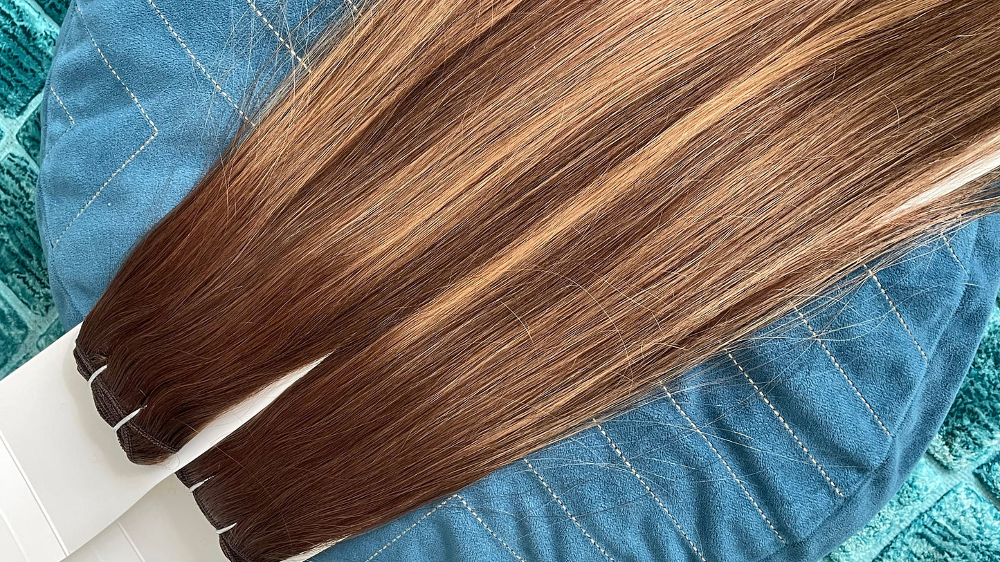 Mixed Brown and Blonde Weft Human Hair Extensions/ 2 Bundles 18 Inches Straight Weft Brazilian Human Hair