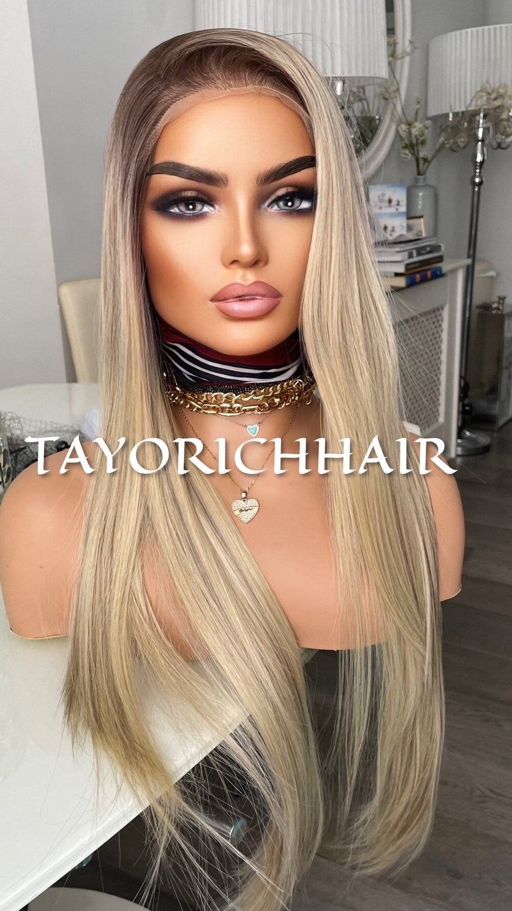 Ombre Blonde Lace Front Wig With Brown Lowlights Highlights/ Straight 13x6 Lace Front/ Realistic Heat Safe Synthetic Wig For Women/Hairstyle