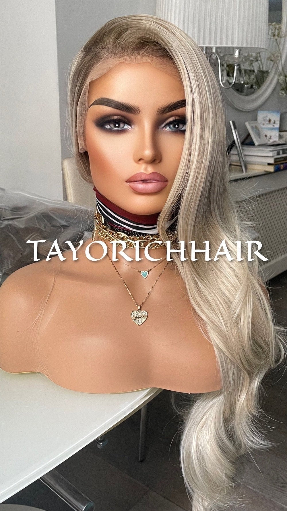Platinum Blonde Lace Frontal Wig With Dark Ash Roots/Rooted Blonde Heat Friendly Synthetic Wig/ Blonde Bouncy Wavy Wig By Tayorichhair