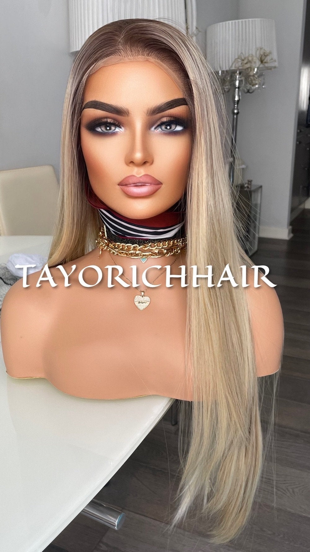 Ombre Blonde Lace Front Wig With Brown Lowlights Highlights/ Straight 13x6 Lace Front/ Realistic Heat Safe Synthetic Wig For Women/Hairstyle
