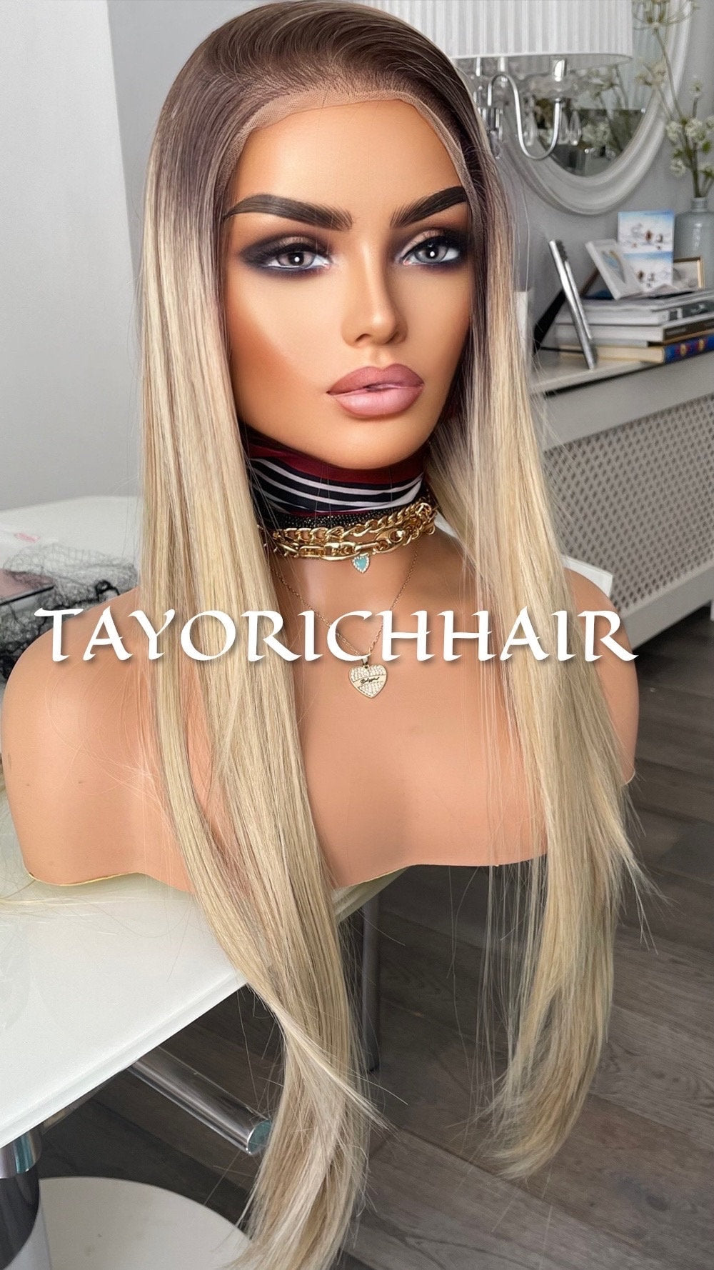 Ombre Blonde Lace Front Wig With Brown Lowlights Highlights/ Straight 13x6 Lace Front/ Realistic Heat Safe Synthetic Wig For Women/Hairstyle