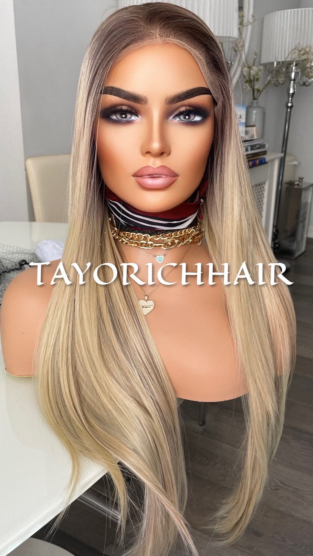 Ombre Blonde Lace Front Wig With Brown Lowlights Highlights/ Straight 13x6 Lace Front/ Realistic Heat Safe Synthetic Wig For Women/Hairstyle