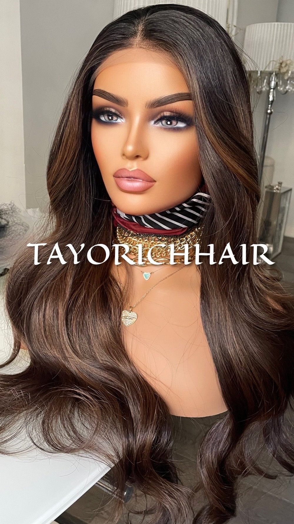 Darkest Brown Lace Wig With Mild Highlights And Black Roots/ Black Brown Wavy Heat Friendky Synthetic Wig For Women/ Brunette Cosplay Wigs