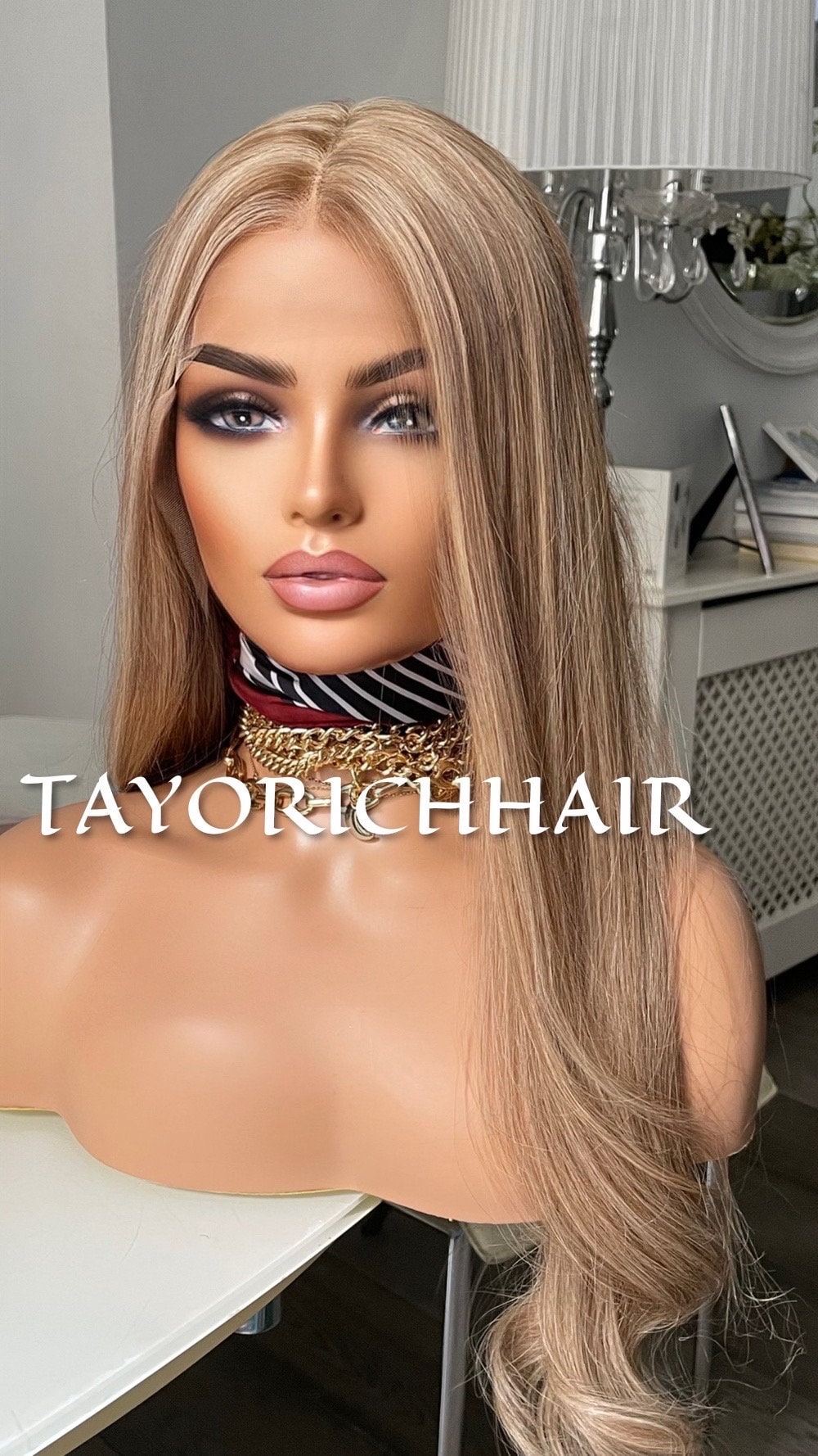 Mixed Blonde Long Real Hair Wig/ Medium Ash Blonde With Light Blonde Streaks/ 13x6 Soft Swiss Lace 24 inches Real Hair Wig