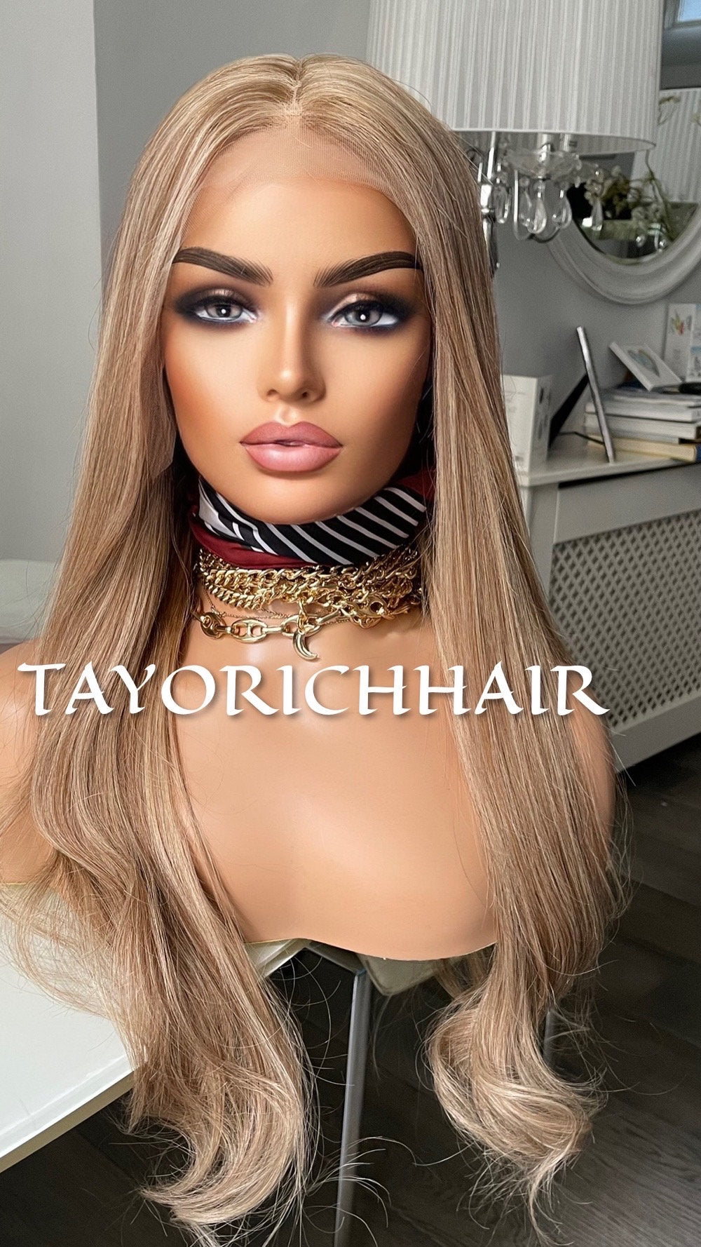 Mixed Blonde Long Real Hair Wig/ Medium Ash Blonde With Light Blonde Streaks/ 13x6 Soft Swiss Lace 24 inches Real Hair Wig