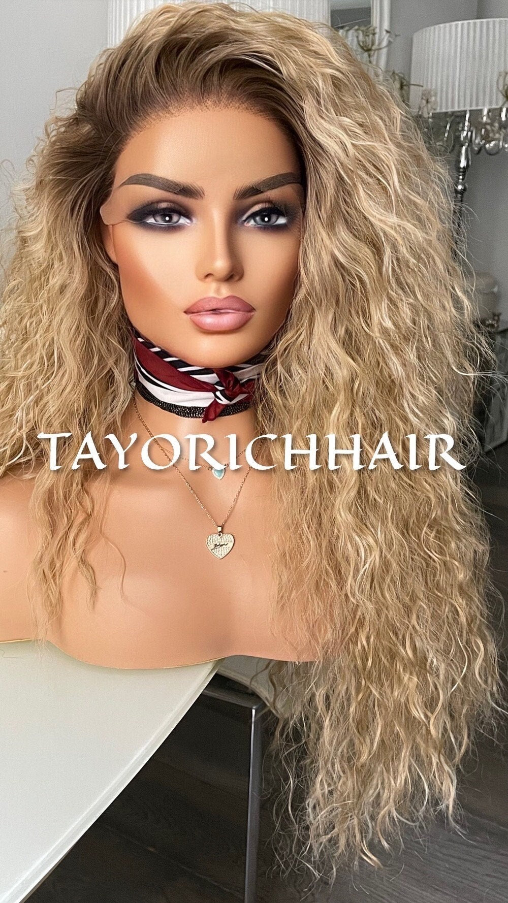 Curly Blonde Lace Front Wig With Streaks And Dark Roots/Light Weight Wig For Daily Wear/ Big Blonde Full Curly Synthetic Lace Wig/ Small Cap