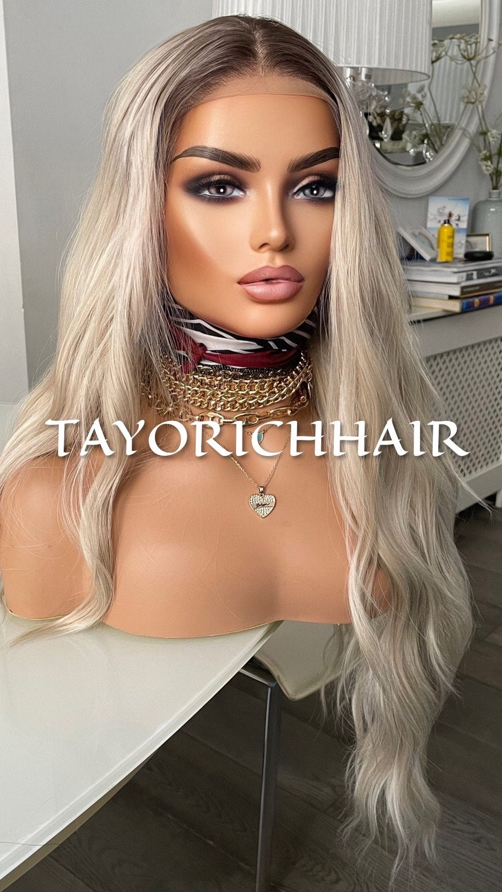 Ombre Cool Blonde Lace Front Wig, Pearl Platinum Blonde Wig With Dark Brown Roots/ Long Soft Wavy Hair/ Heat Resistant Synthetic Lace Wigs