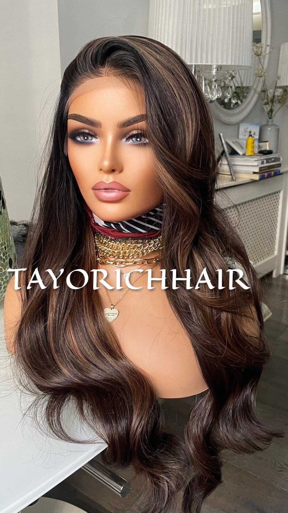 Darkest Brown Lace Wig With Mild Highlights And Black Roots/ Black Brown Wavy Heat Friendky Synthetic Wig For Women/ Brunette Cosplay Wigs