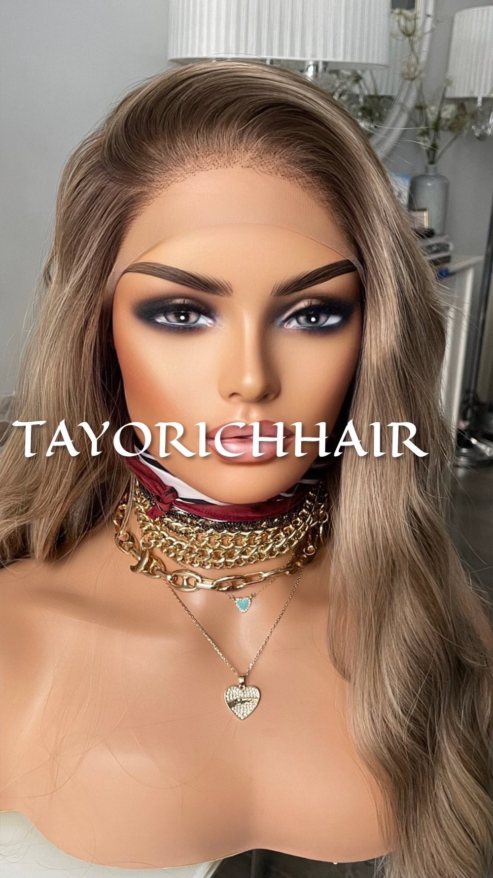 Ombre Dark Ash Blonde Lace Front Synthetic Wig/ Long Ash Ocean Wavy Lace Wig/ Heat Safe Synthetic Wig/ Daily Wear Wig For Ladies