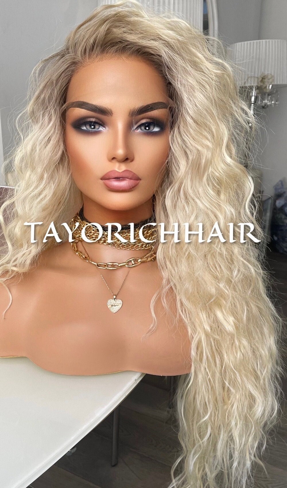 Blonde Wig With Dark Ash Roots/ Exotic Curls Lace Wig/Small Cap Size/Golden Platinum Blonde Curly Wig With Roots/ Light Weight 20 Inches Wig