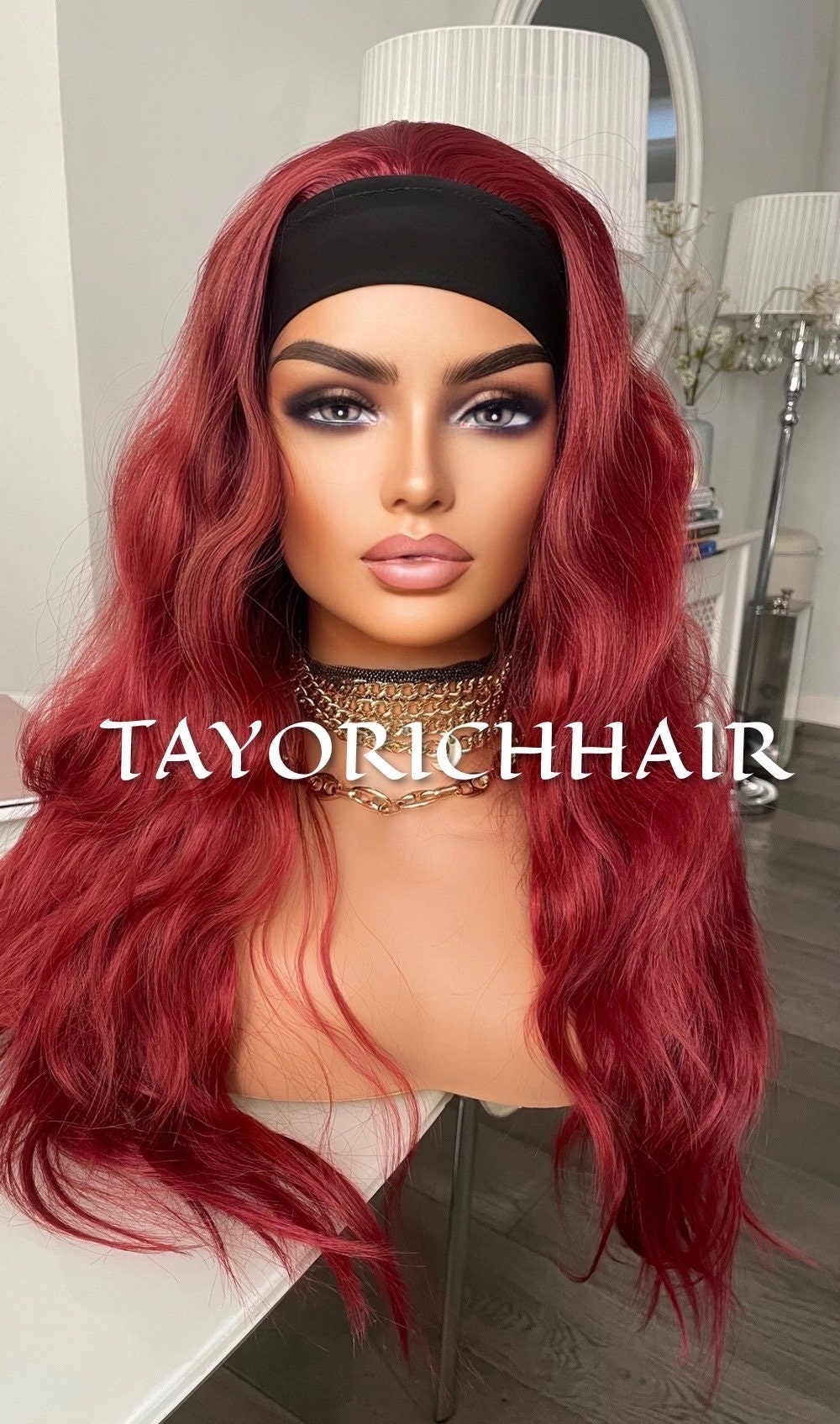 Red Ponytail Wig For Gym Running Workout Dark Red Wig With Head Band/Heat Safe Synthetic Curly Wig For Running And Daily Workout