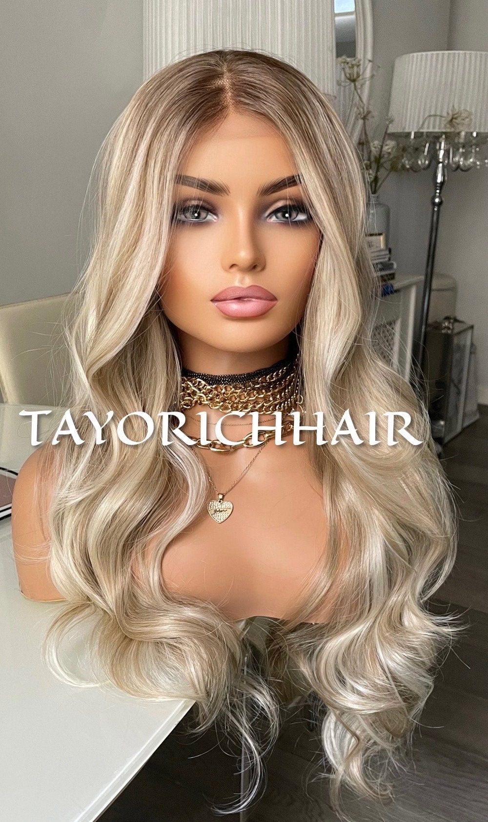 Mixed Ash And Platinum Blonde Synthetic Lace Front Wig/ Dark Roots With Preplucked Realistic Hairline Wig/ Natural Looking Wig For Women
