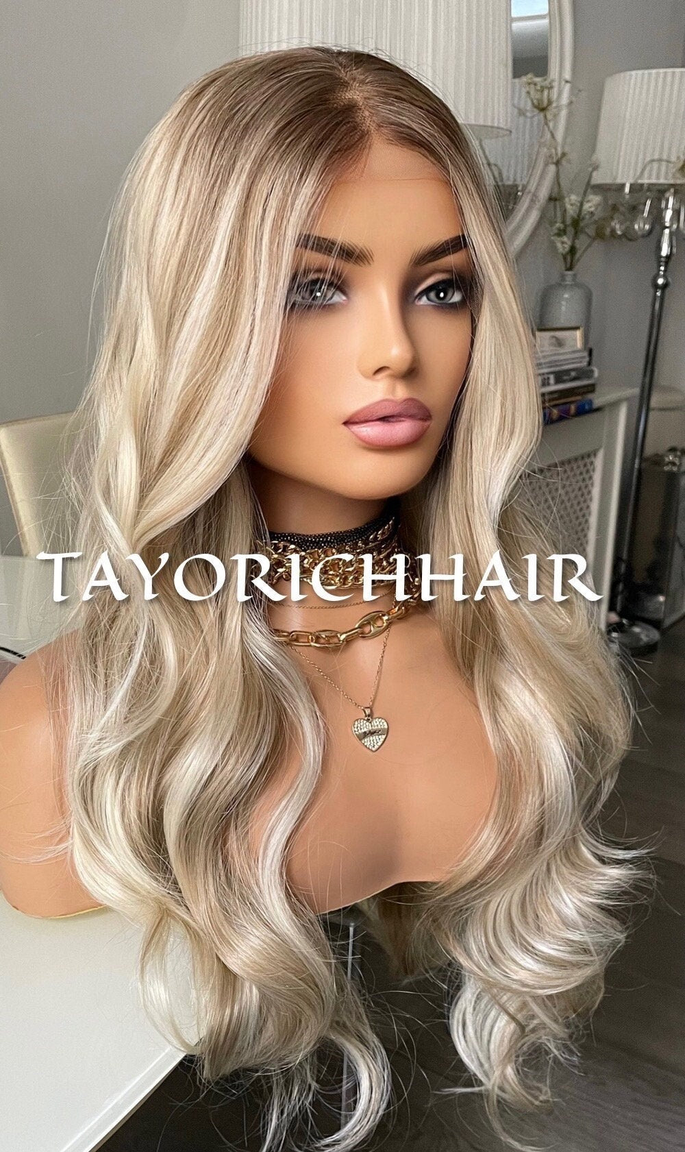 Mixed Ash And Platinum Blonde Synthetic Lace Front Wig/ Dark Roots With Preplucked Realistic Hairline Wig/ Natural Looking Wig For Women