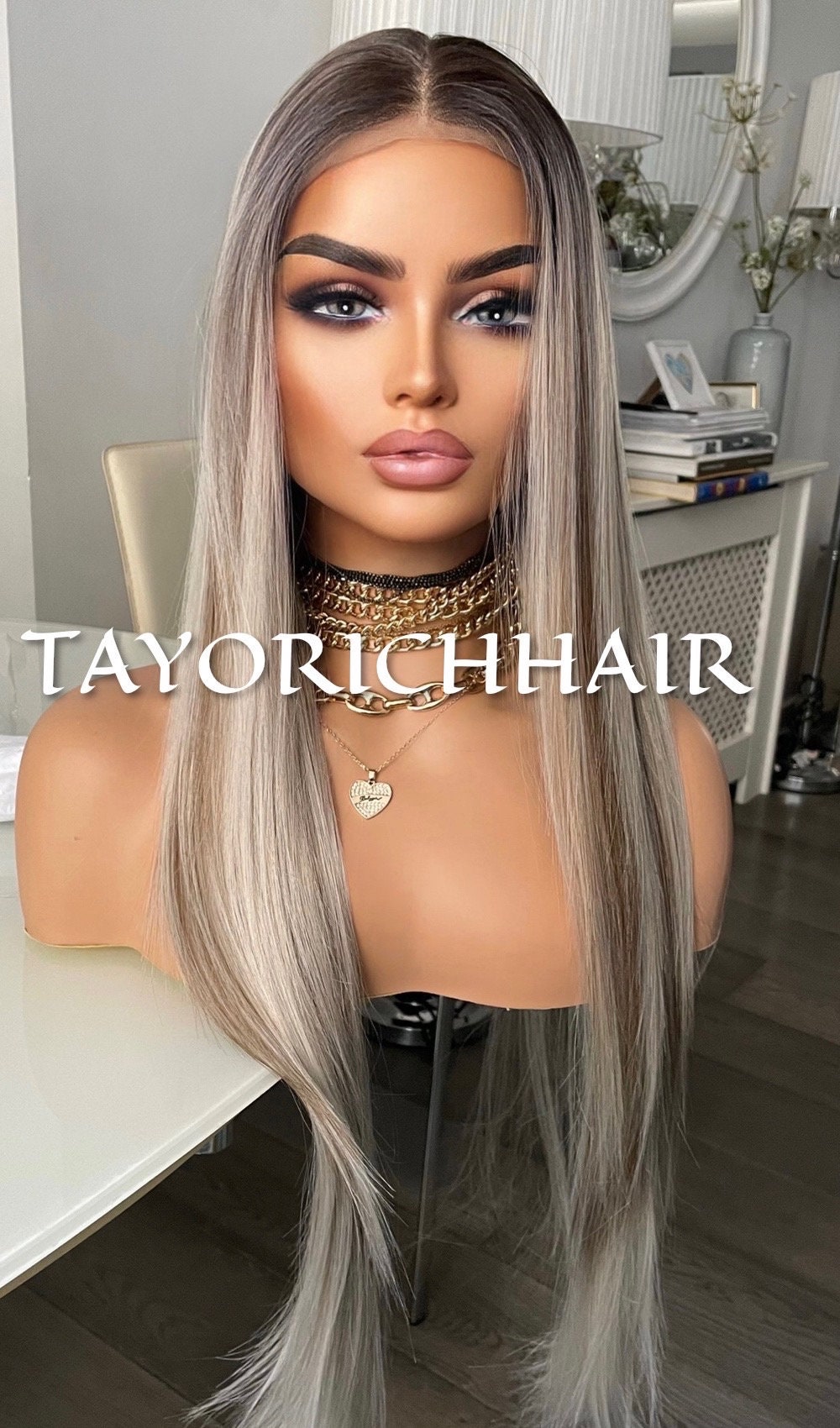 Rooted Platinum Blonde Synthetic Lace Front Wig With Lowlights/ 13x3 Long Straight Lace Wig For Women/Straight Synthetic Wigs