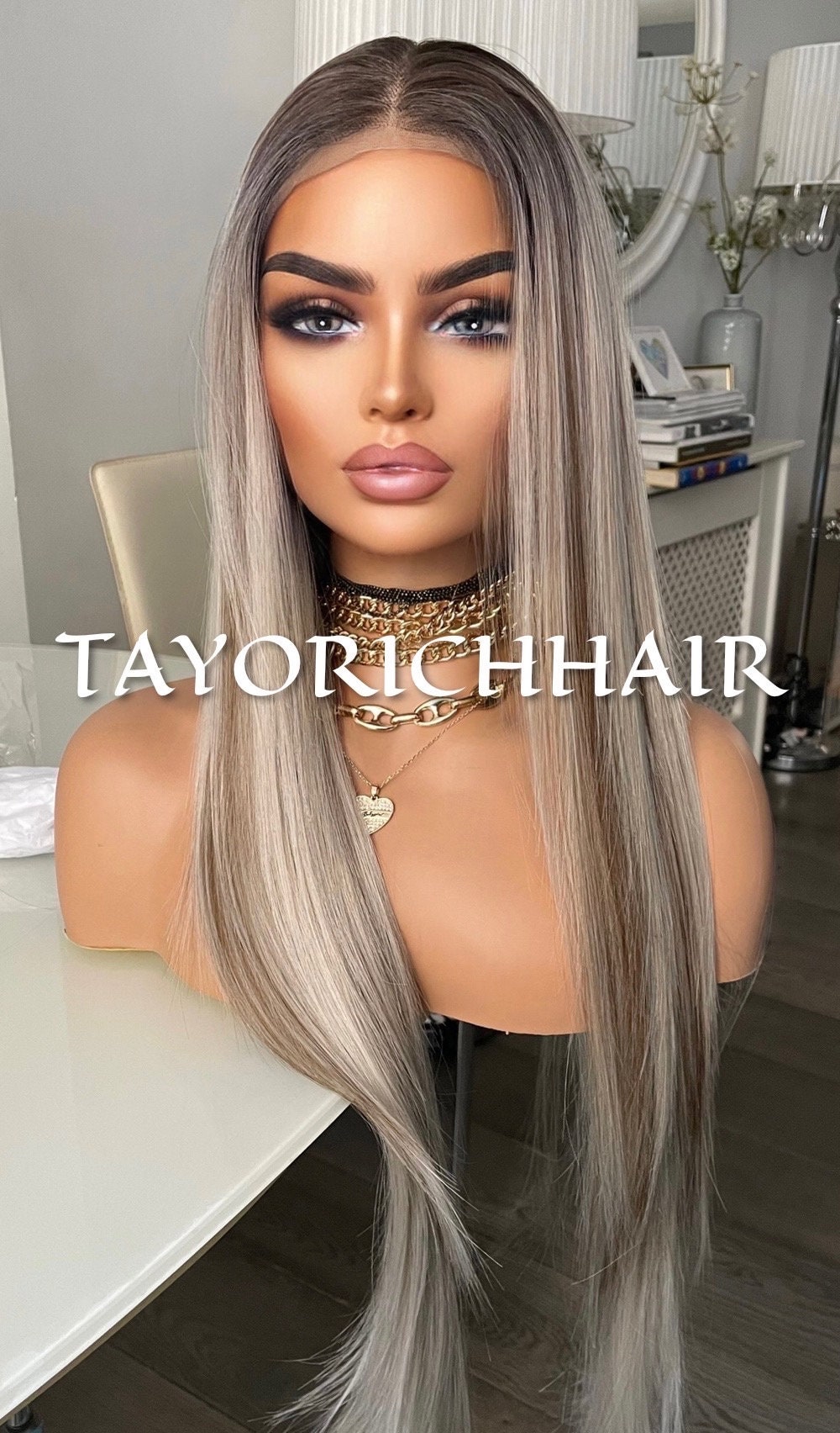 Rooted Platinum Blonde Synthetic Lace Front Wig With Lowlights/ 13x3 Long Straight Lace Wig For Women/Straight Synthetic Wigs