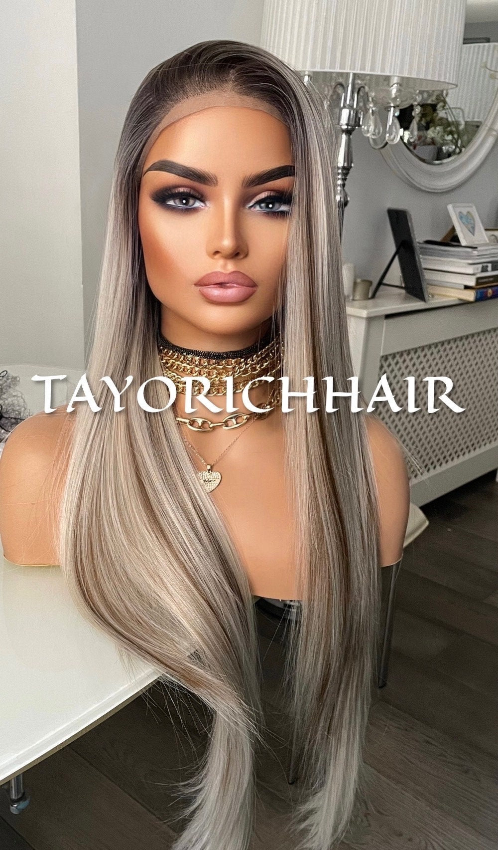 Rooted Platinum Blonde Synthetic Lace Front Wig With Lowlights/ 13x3 Long Straight Lace Wig For Women/Straight Synthetic Wigs