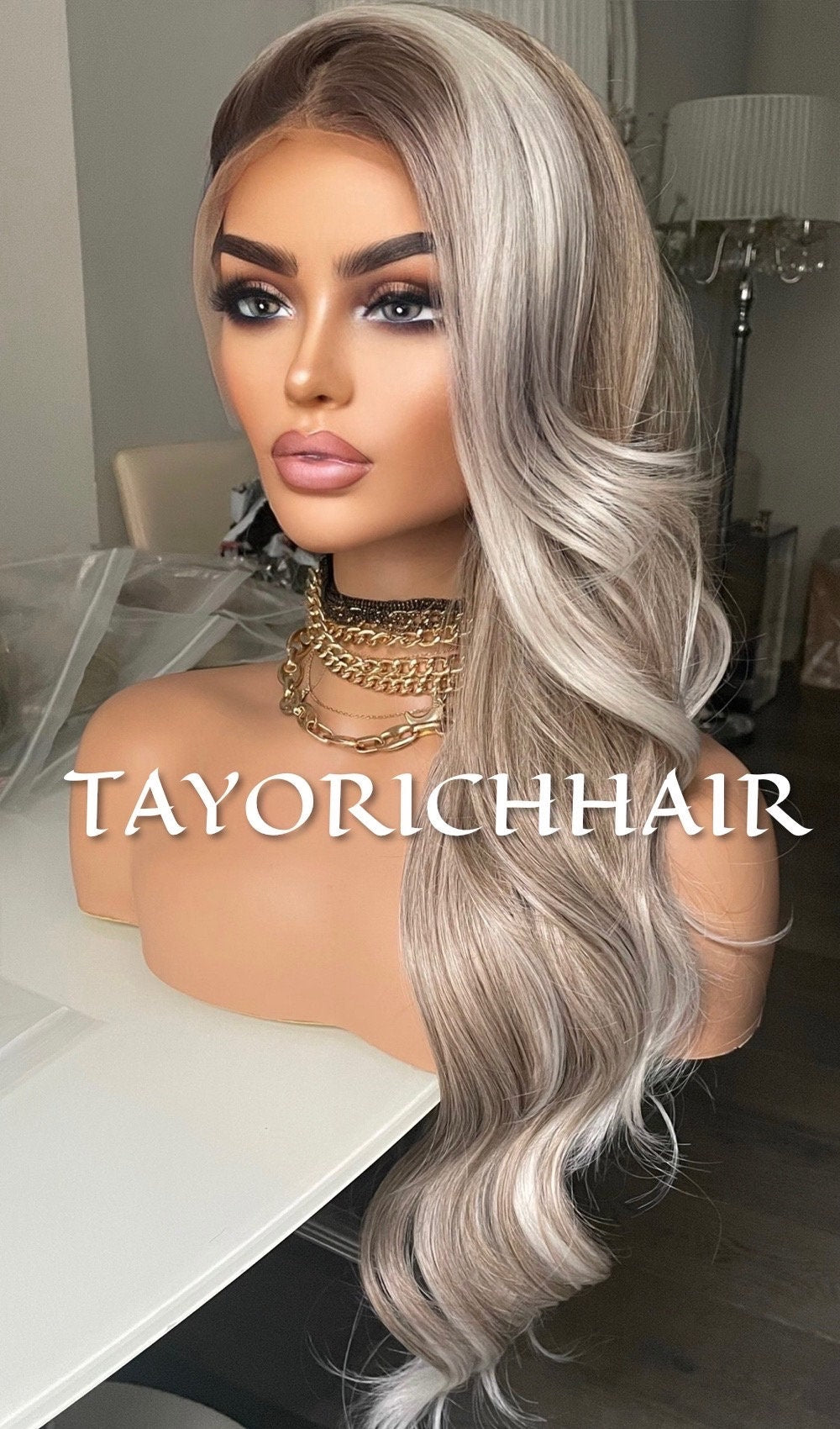 Dark Ash Blonde Synthetic Lace Front Wig With Money Piece/ Realistic Heat Resistant Wig/ Natural Looking Wigs For Women/ Tayorichhair Wigs