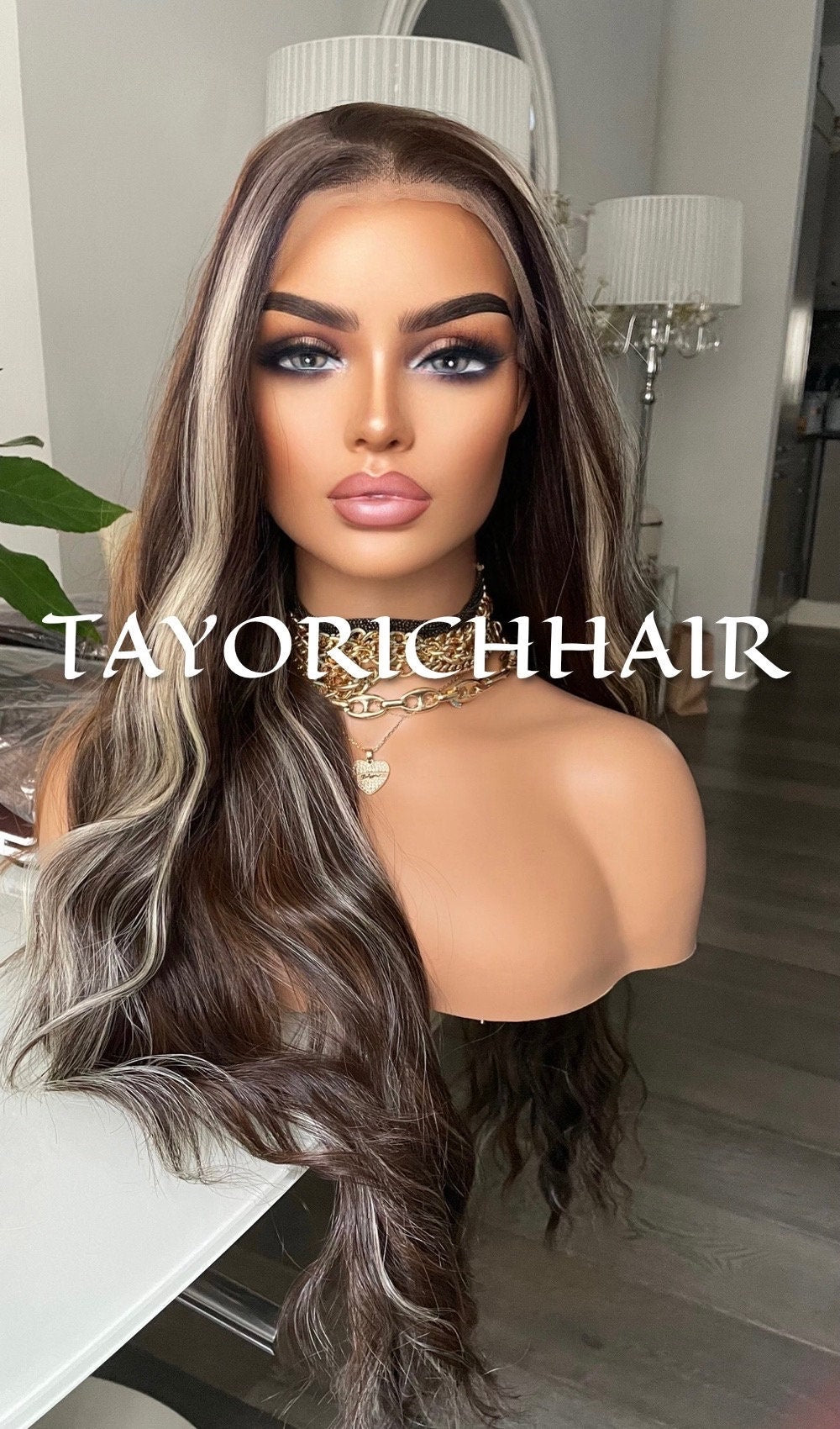 Brown and Blonde Mix Long Wavy Synthetic Lace Front Wig 13x4 Soft Swiss Lace Wig For Women/ Free Part Realistic Hairline Wigs For Women