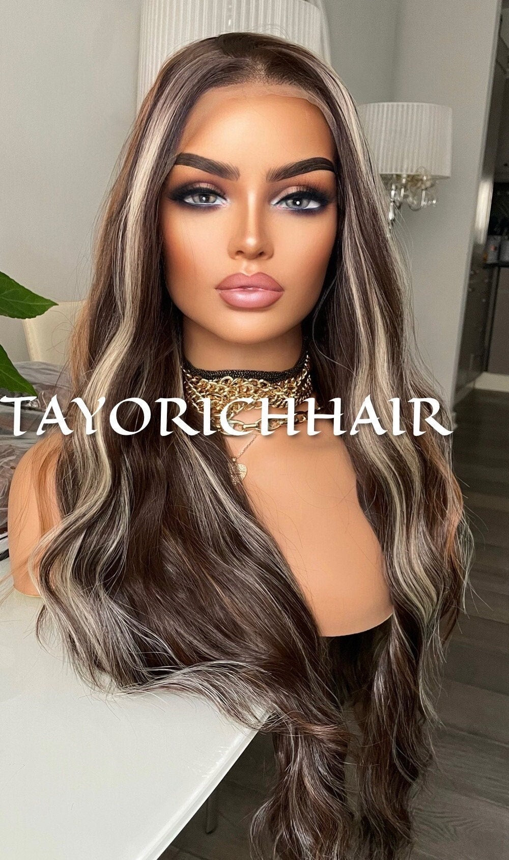 Brown and Blonde Mix Long Wavy Synthetic Lace Front Wig 13x4 Soft Swiss Lace Wig For Women/ Free Part Realistic Hairline Wigs For Women