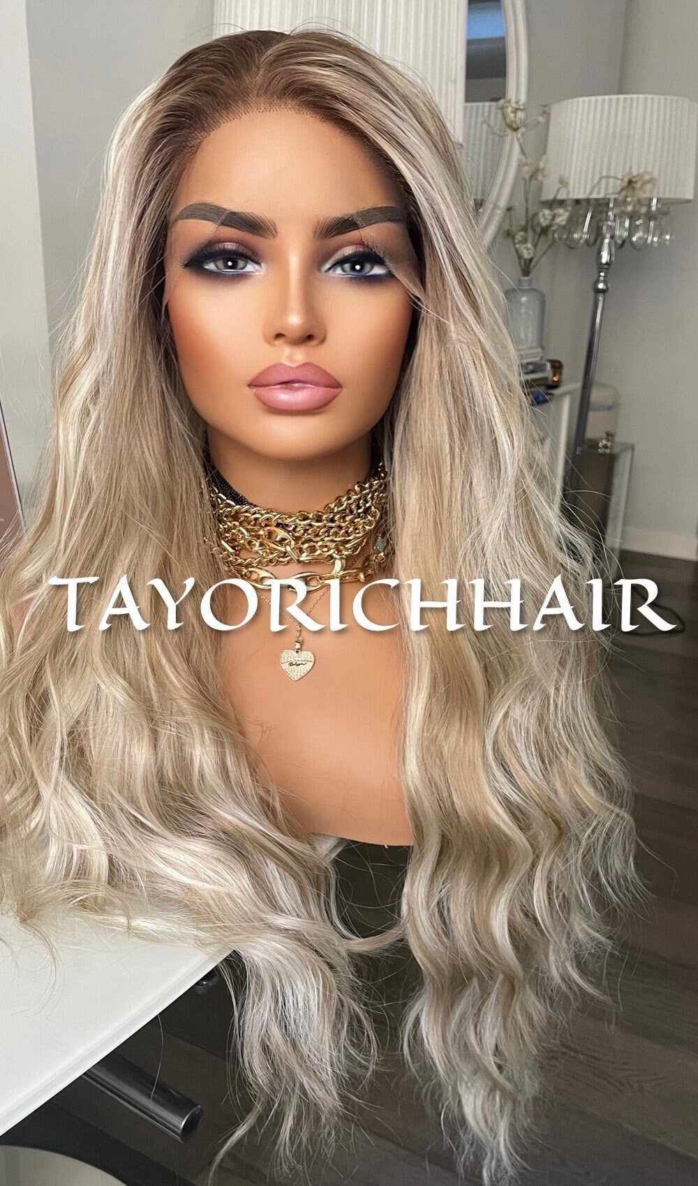 Mixed Ash And Platinum Blonde Synthetic Lace Front Wig/ Dark Roots/ Beach Waves Realistic Hairline Wig/ Natural Looking Wig For Women
