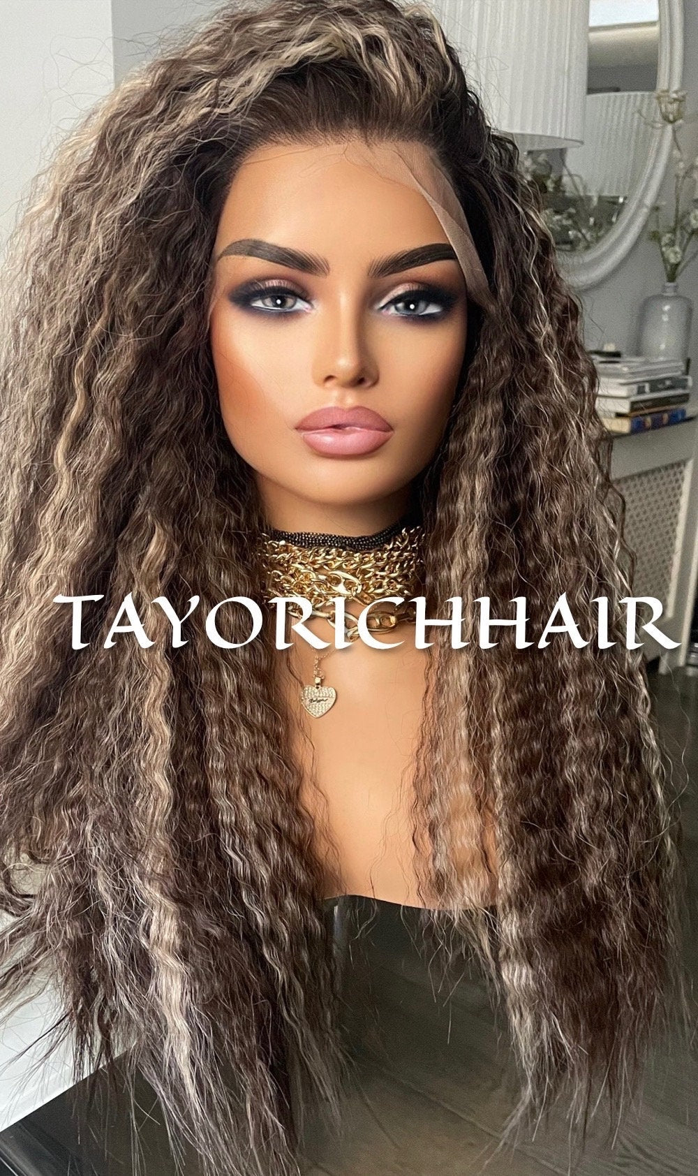 Dark Brown Synthetic Wig With BlondeHighlights/Synthetic Lace Front Wig Ready To Ship Wigs /Loose Curly Hair Wig Wigs/ Big Hair Wigs