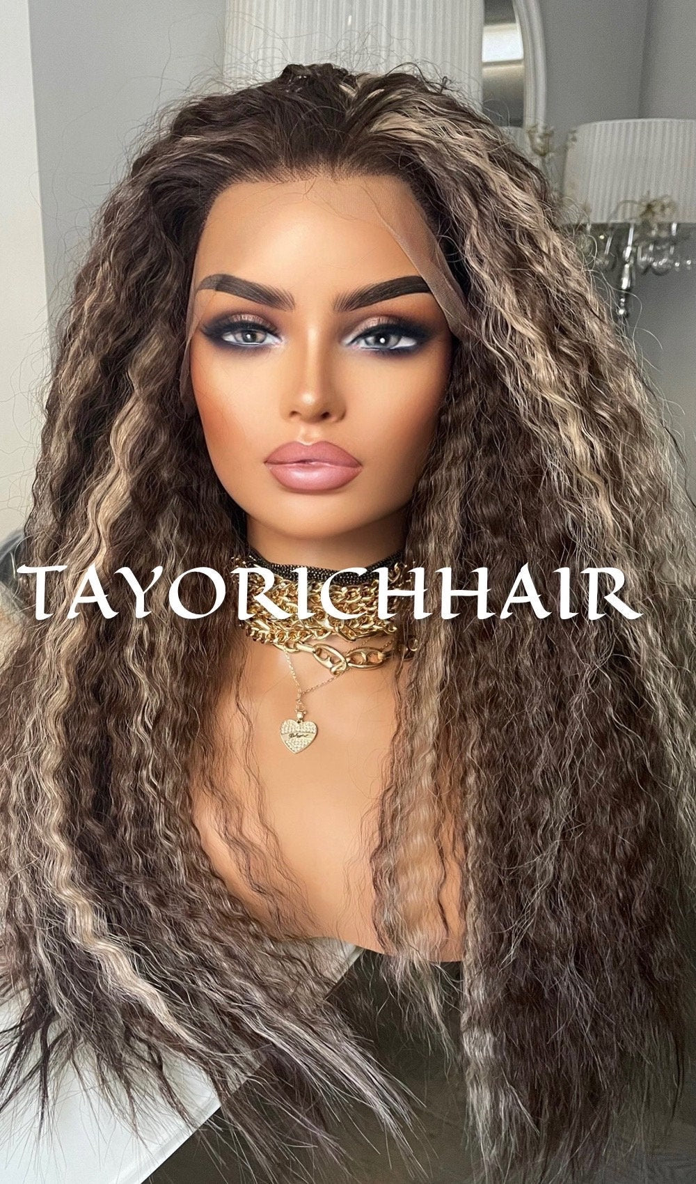 Dark Brown Synthetic Wig With BlondeHighlights/Synthetic Lace Front Wig Ready To Ship Wigs /Loose Curly Hair Wig Wigs/ Big Hair Wigs