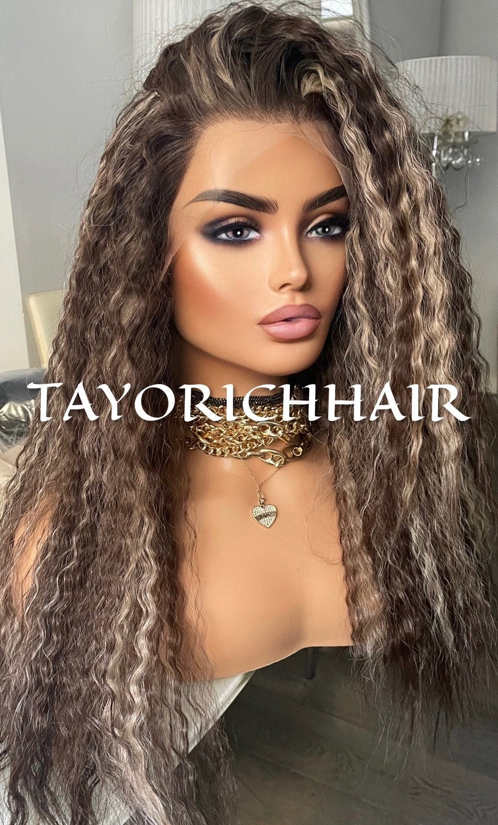 Dark Brown Synthetic Wig With BlondeHighlights/Synthetic Lace Front Wig Ready To Ship Wigs /Loose Curly Hair Wig Wigs/ Big Hair Wigs