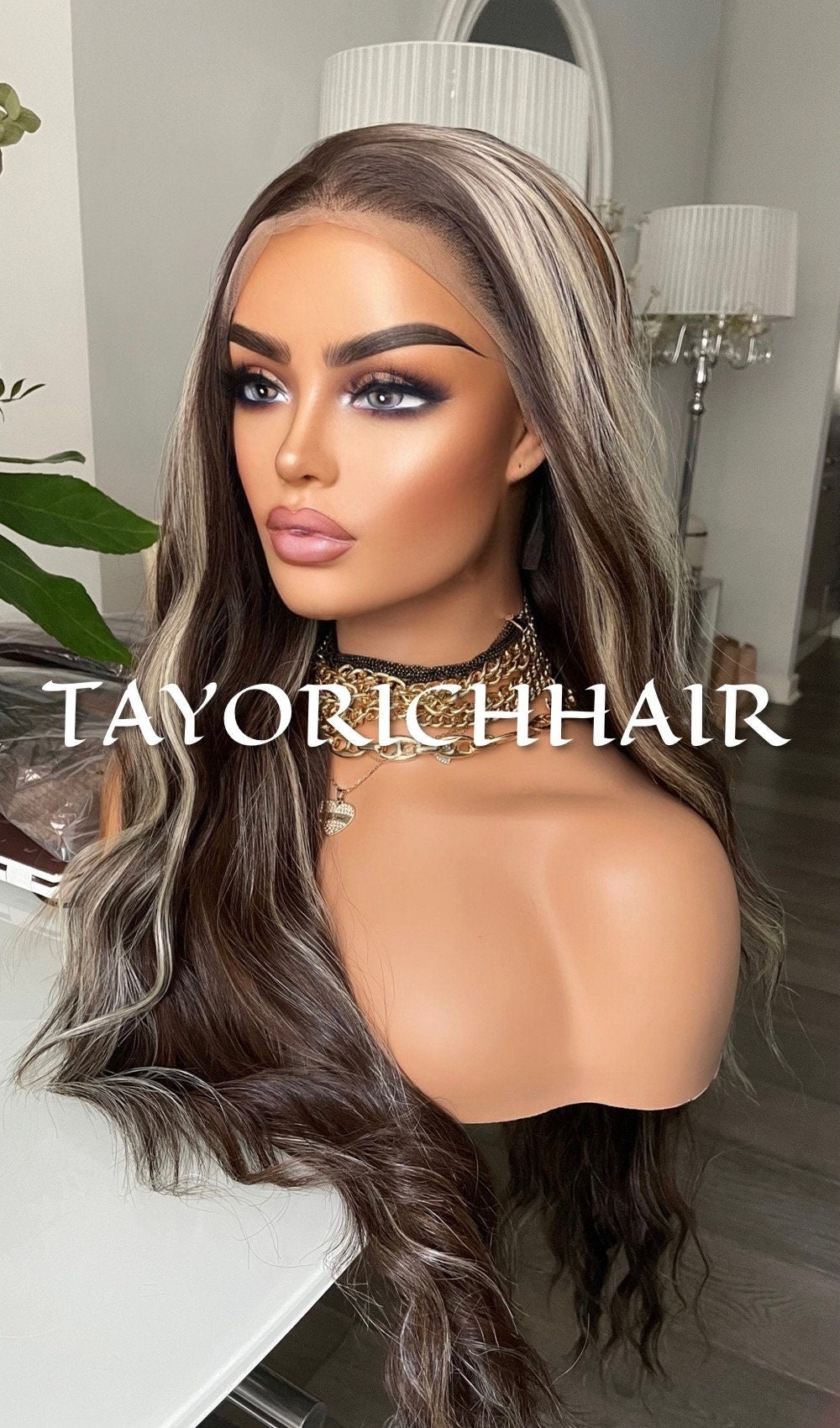 Brown and Blonde Mix Long Wavy Synthetic Lace Front Wig 13x4 Soft Swiss Lace Wig For Women/ Free Part Realistic Hairline Wigs For Women