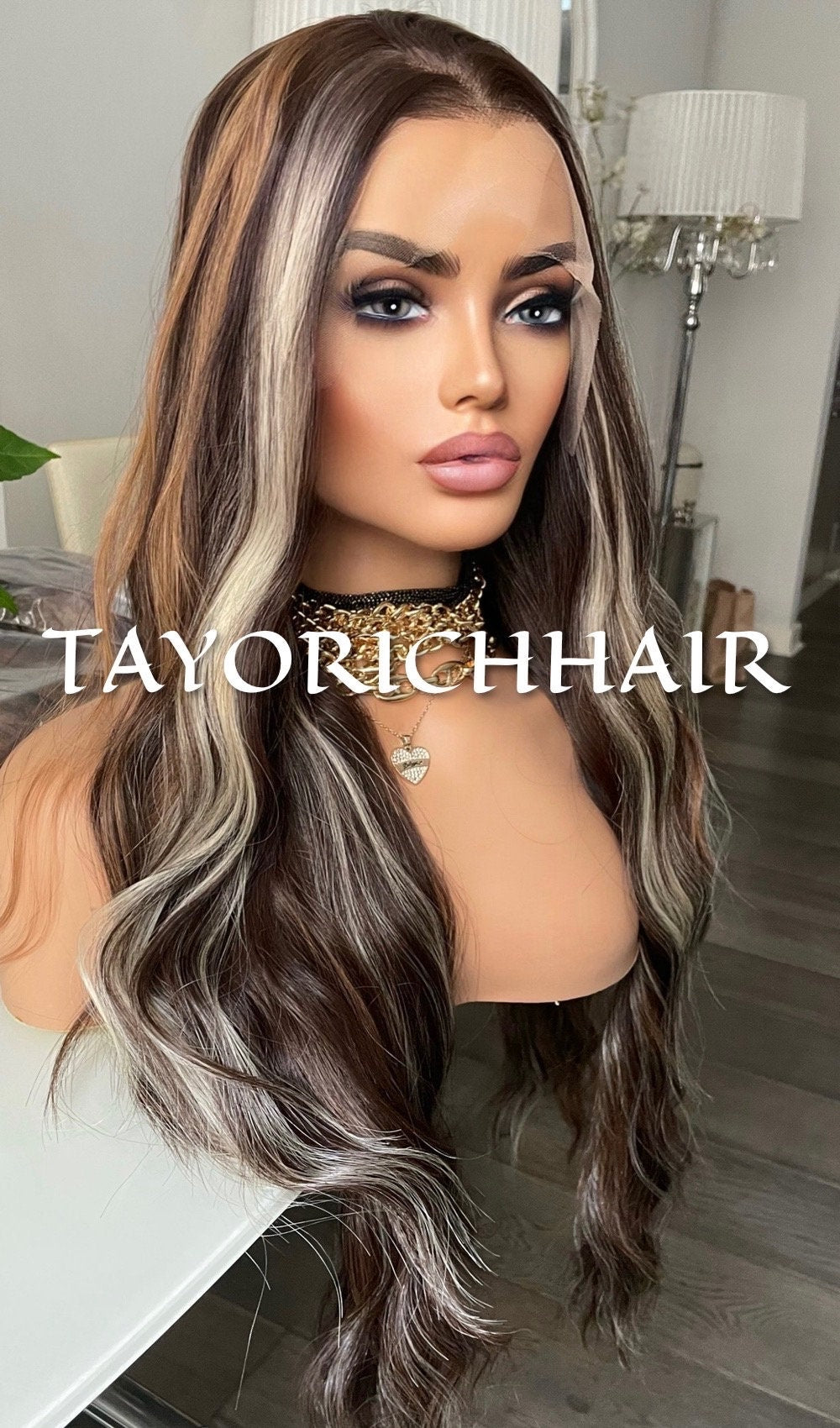 Brown and Blonde Mix Long Wavy Synthetic Lace Front Wig 13x4 Soft Swiss Lace Wig For Women/ Free Part Realistic Hairline Wigs For Women