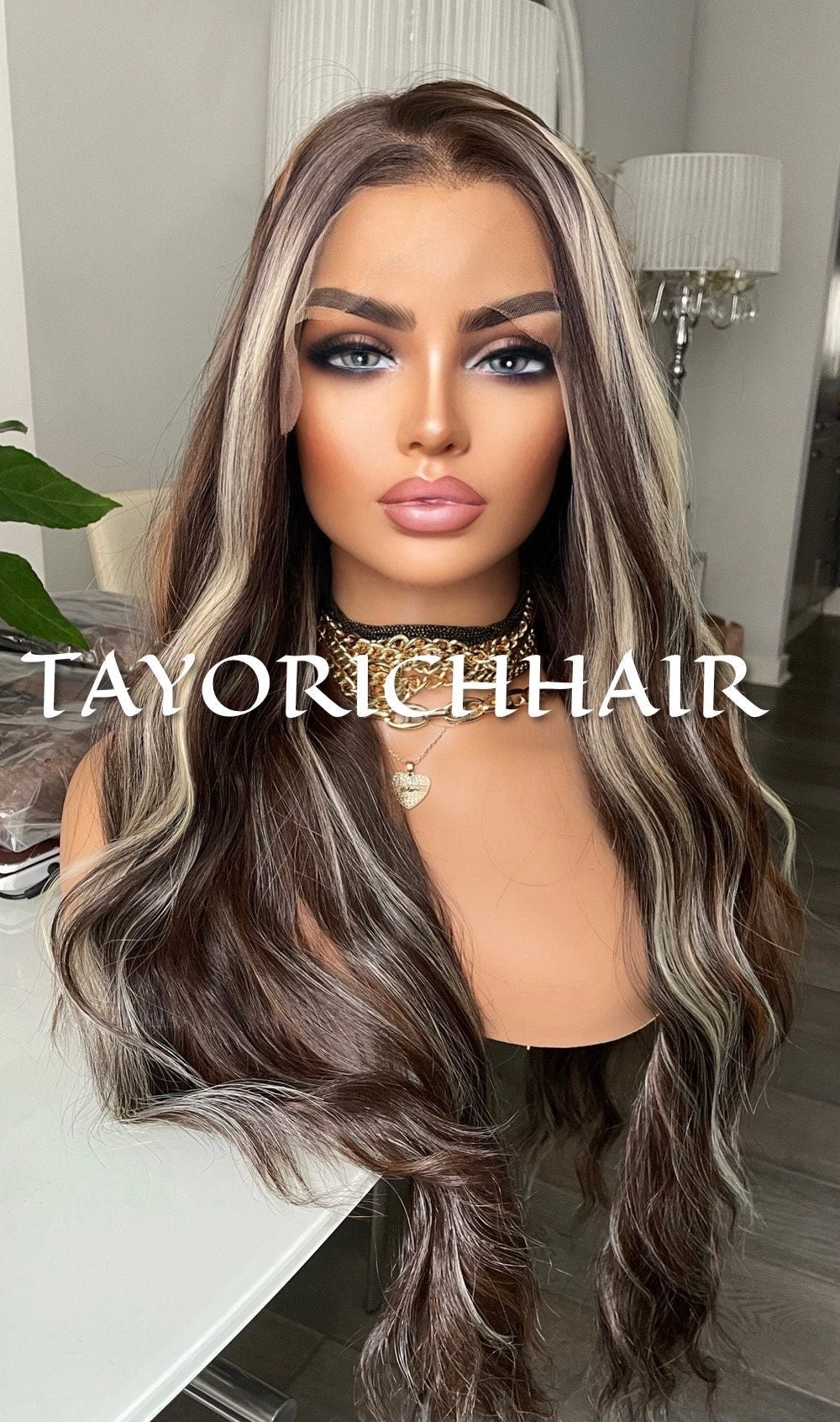 Brown and Blonde Mix Long Wavy Synthetic Lace Front Wig 13x4 Soft Swiss Lace Wig For Women/ Free Part Realistic Hairline Wigs For Women