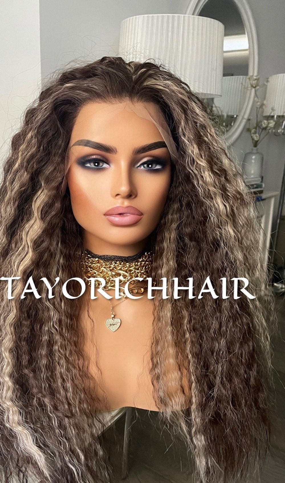 Dark Brown Synthetic Wig With BlondeHighlights/Synthetic Lace Front Wig Ready To Ship Wigs /Loose Curly Hair Wig Wigs/ Big Hair Wigs