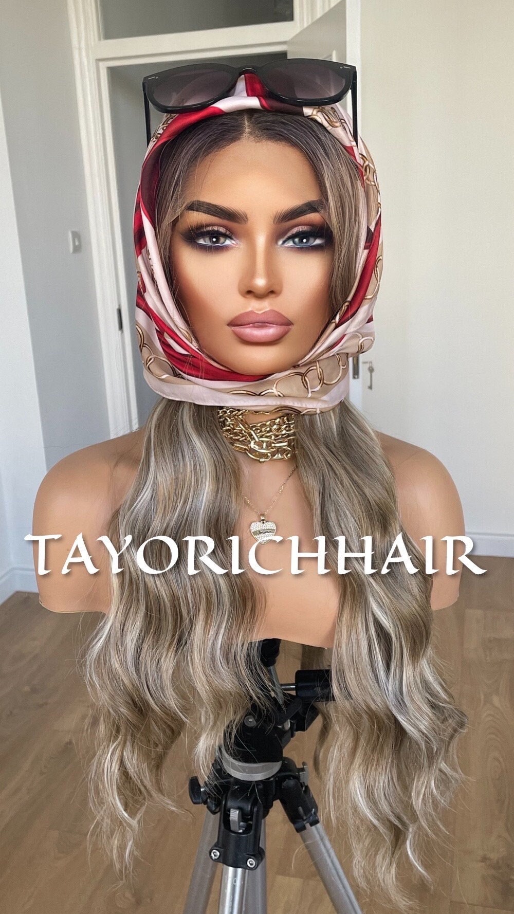 Dark Ash Hair With Blonde Highlights And Dark Roots/ Wavy Synthetic Lace Wig With 13x6 Lace Front Wig For Women
