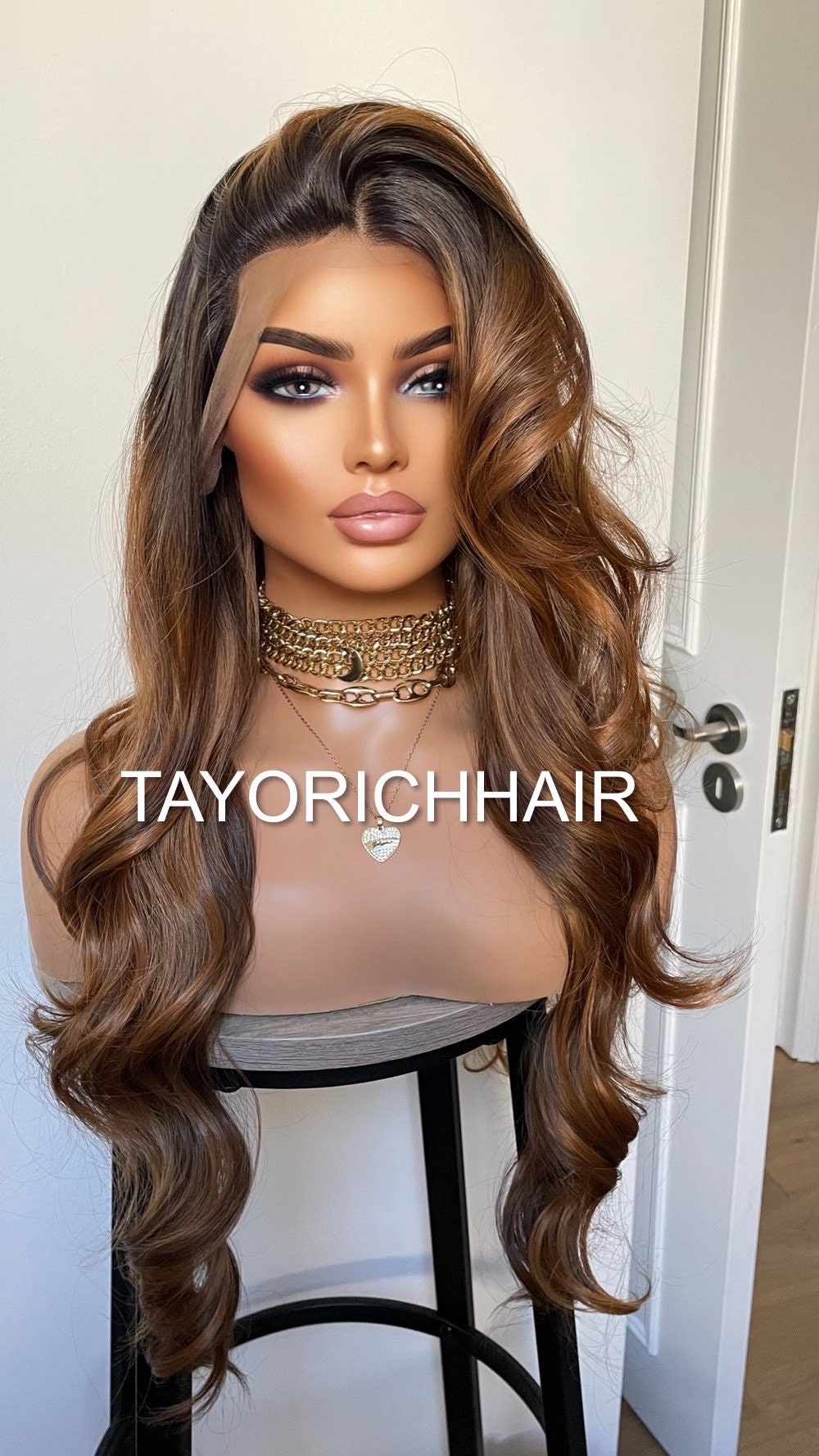 Golden Caramel Blonde Highlights Wig With Black Roots/ Soft Bouncy Wavy Lush Synthetic Wig With 13x4 Middle Part Ear To Ear Lace Front Wig