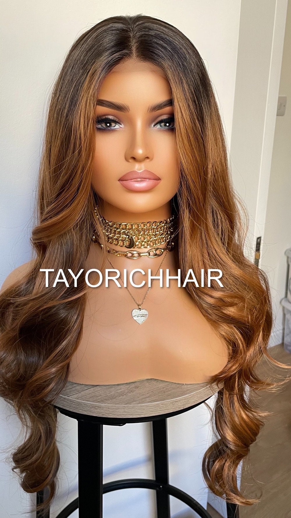Golden Caramel Blonde Highlights Wig With Black Roots/ Soft Bouncy Wavy Lush Synthetic Wig With 13x4 Middle Part Ear To Ear Lace Front Wig