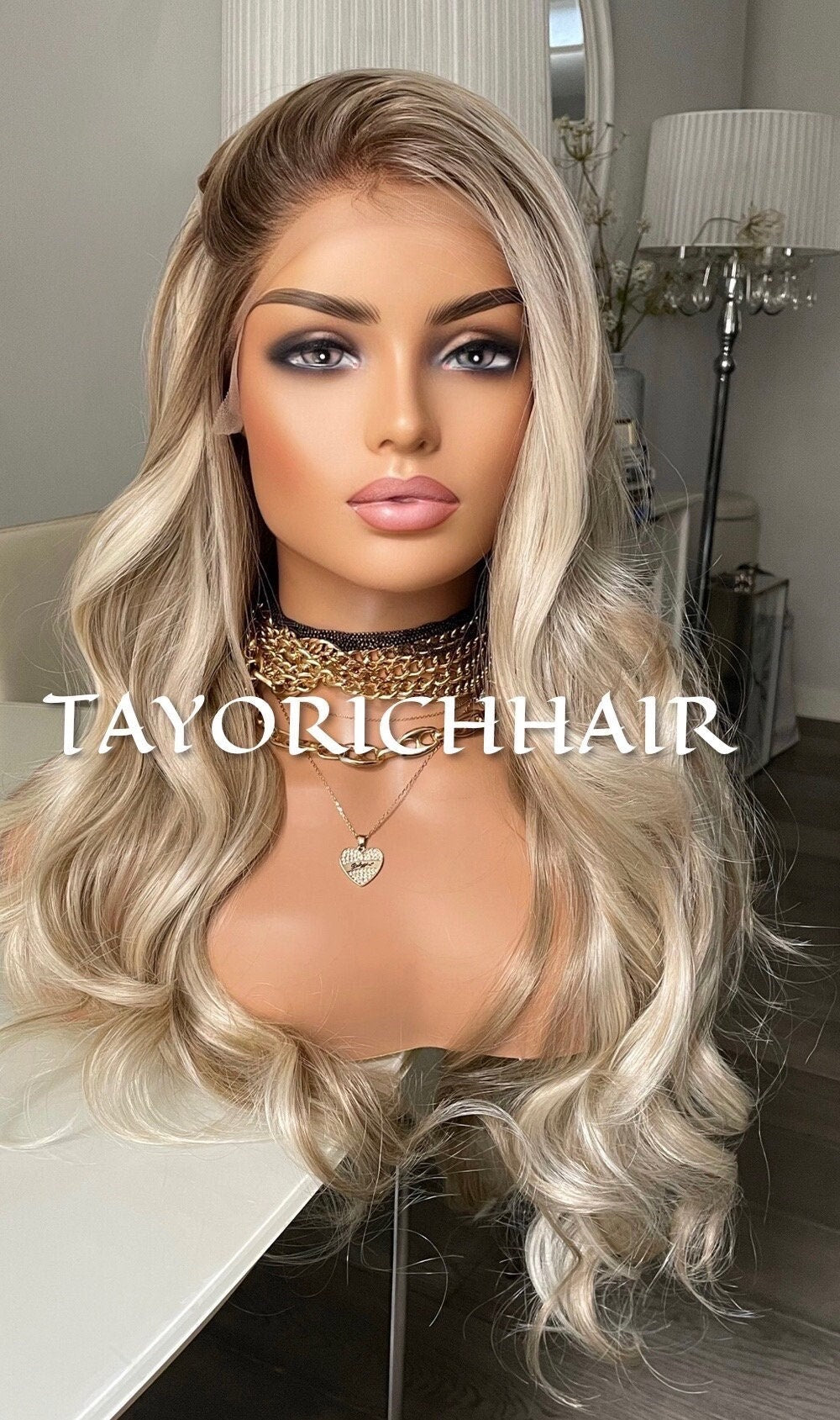 Mixed Ash And Platinum Blonde Synthetic Lace Front Wig/ Dark Roots With Preplucked Realistic Hairline Wig/ Natural Looking Wig For Women