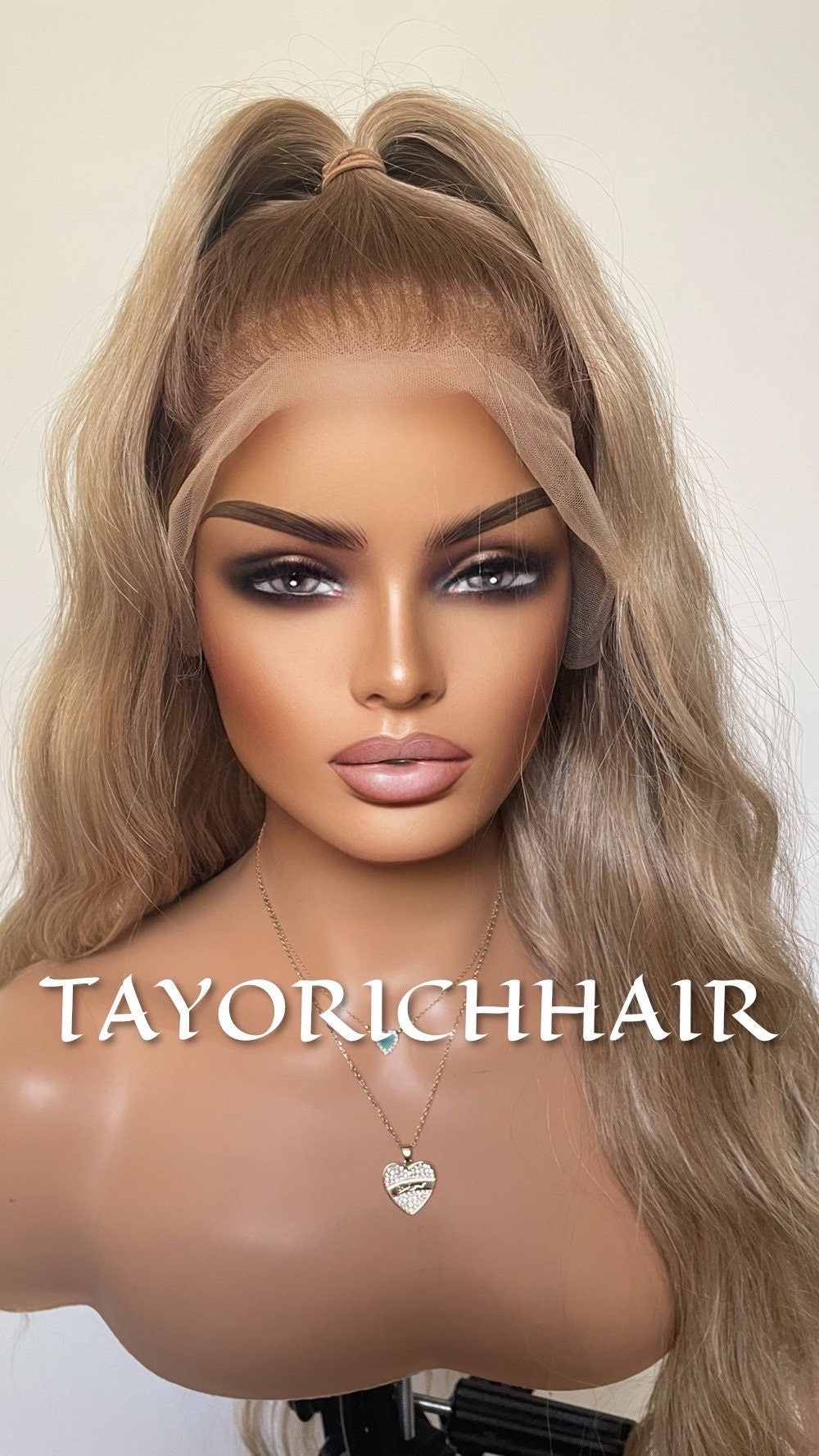 Honey Blonde Long Wavy Hair With Darker Roots 13x6 Wide Free Part Lace Front Wig/ Long Ocean Wave Mixed Blonde Synthetic Wig/ Average Cap