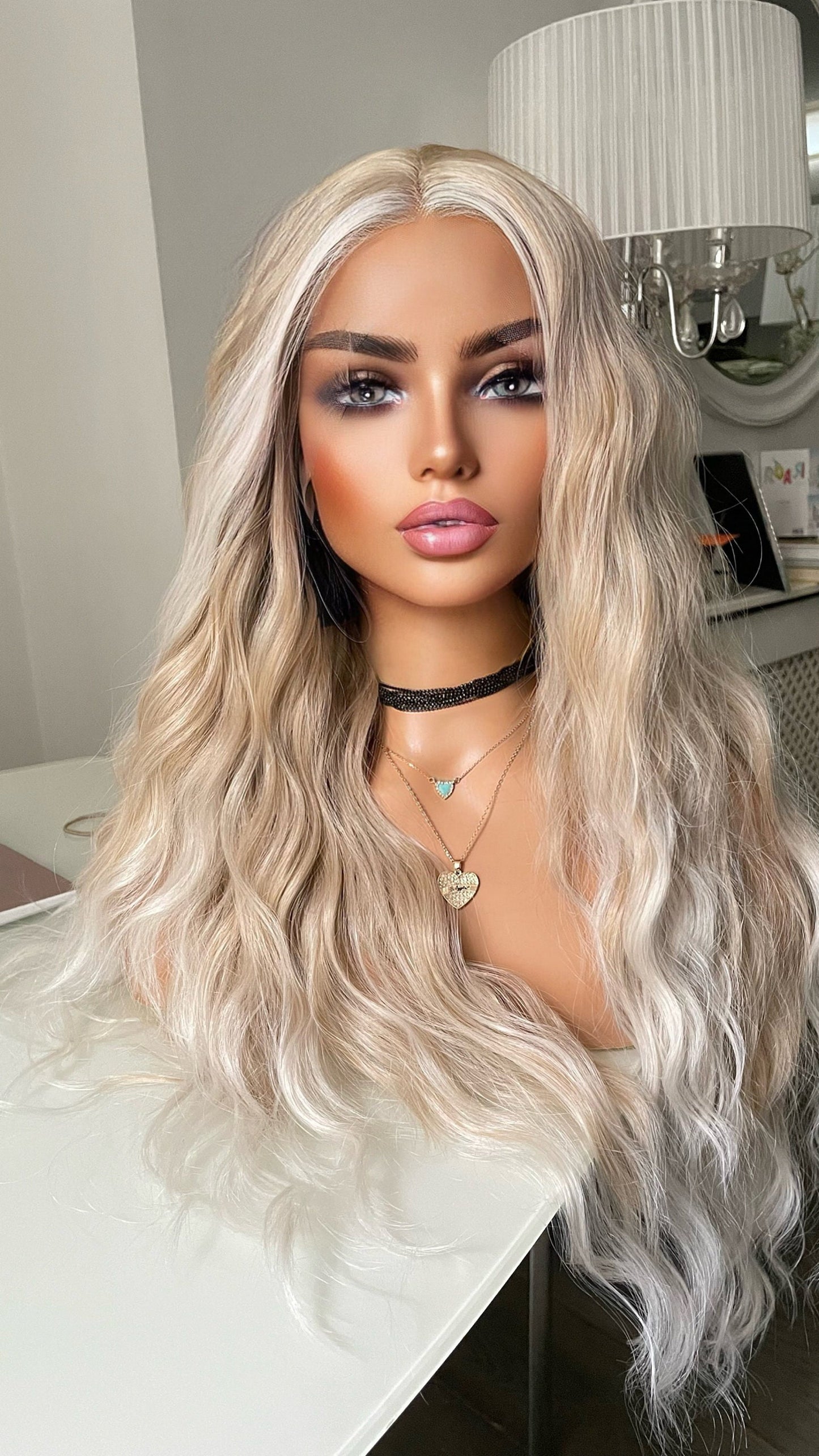 Pearl Blonde Lace Front Wig/Mixed Blonde Heat Safe Synthetic Wig/Ocean Wave Money Piece Lace Wig For Women