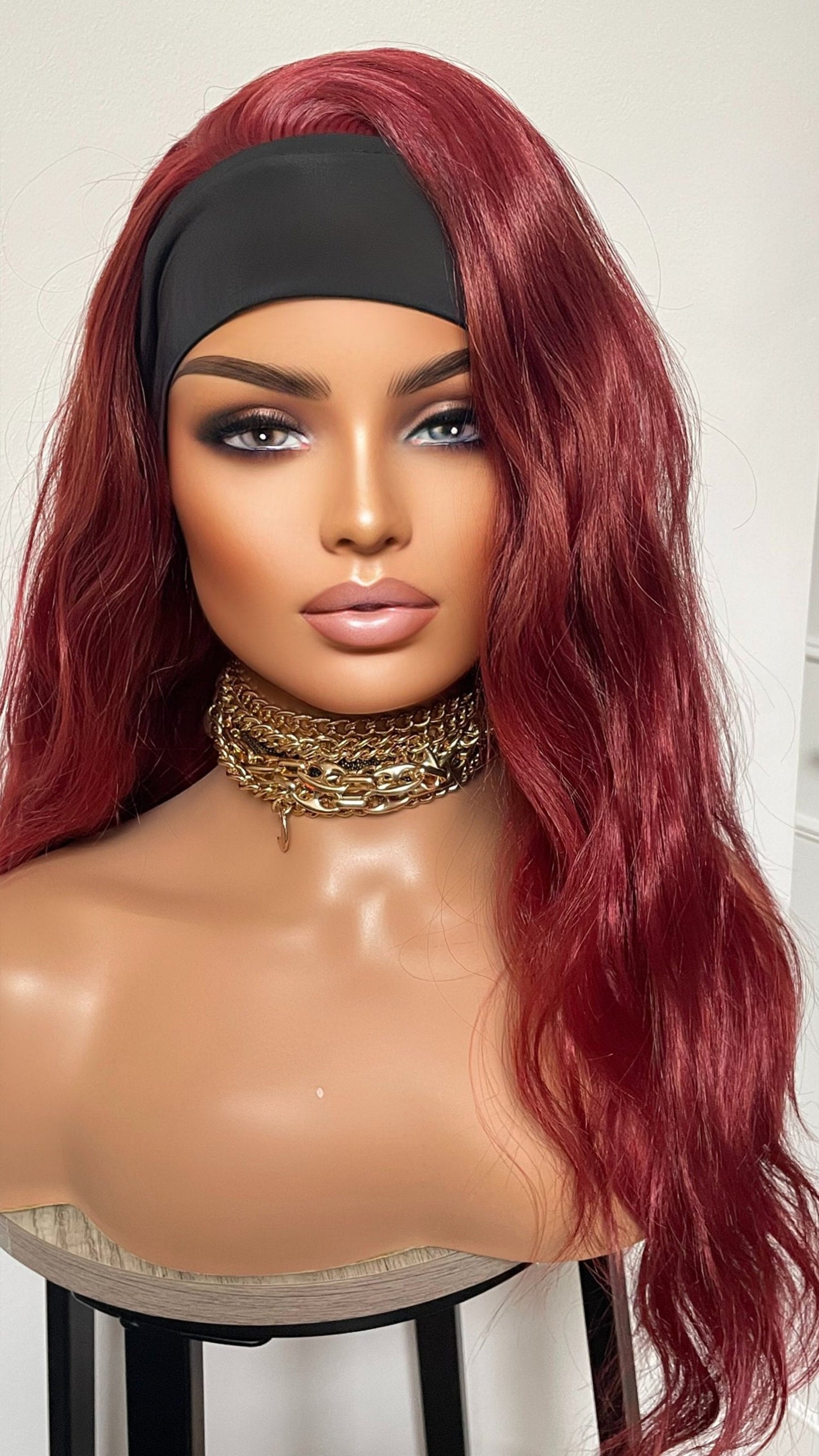 Red Ponytail Wig For Gym Running Workout Dark Red Wig With Head Band/Heat Safe Synthetic Curly Wig For Running And Daily Workout